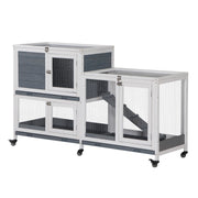 PawHut Wooden Rabbit Hutch Bunny Hutch Elevated Pet House Cage Small Animal Habitat with No Leak Tray Lockable Door Openable Top for Indoor 57.75' x 18' x 32.5' Grey