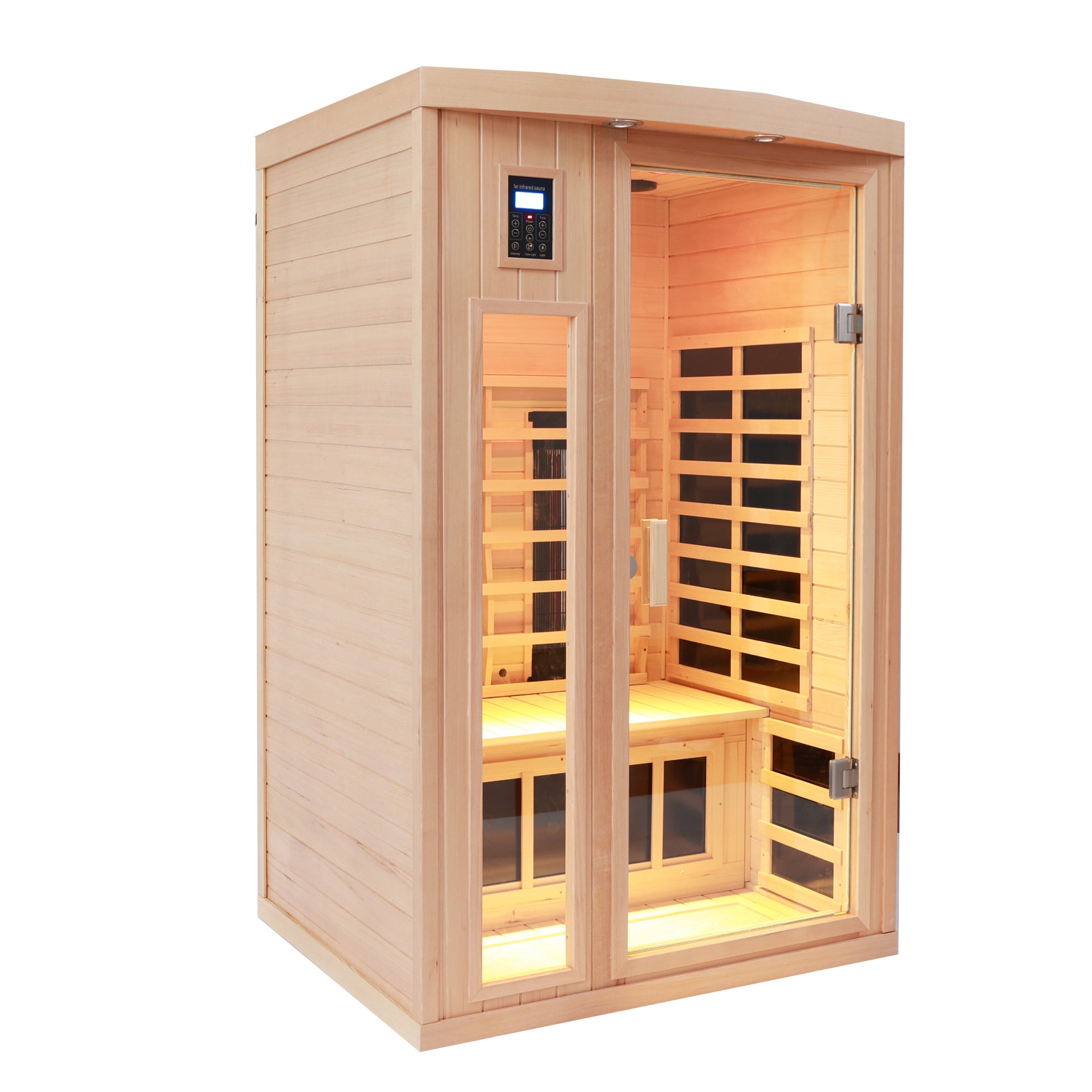 Two person indoor hemlock sauna