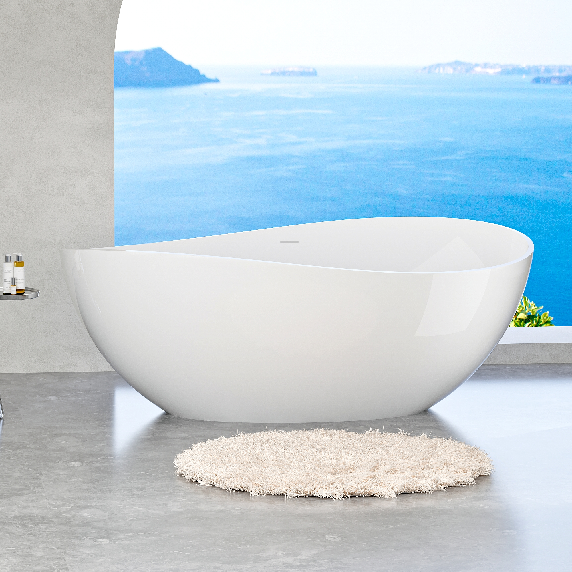 63' Freestanding Solid Surface Bathtub, Luxury Engineered Stone Resin Freestanding Soaking Bathtub with Overflow and Pop-up Drain for Contemporary Bathroom, Glossy White 24S05-63GW