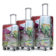 20'/24'/28' 3 pcs/set in PC Spinner Wheel Luggage, Carry on Suitcase, With Printed pattern and Combination Lock (Coffee+Iron Tower)