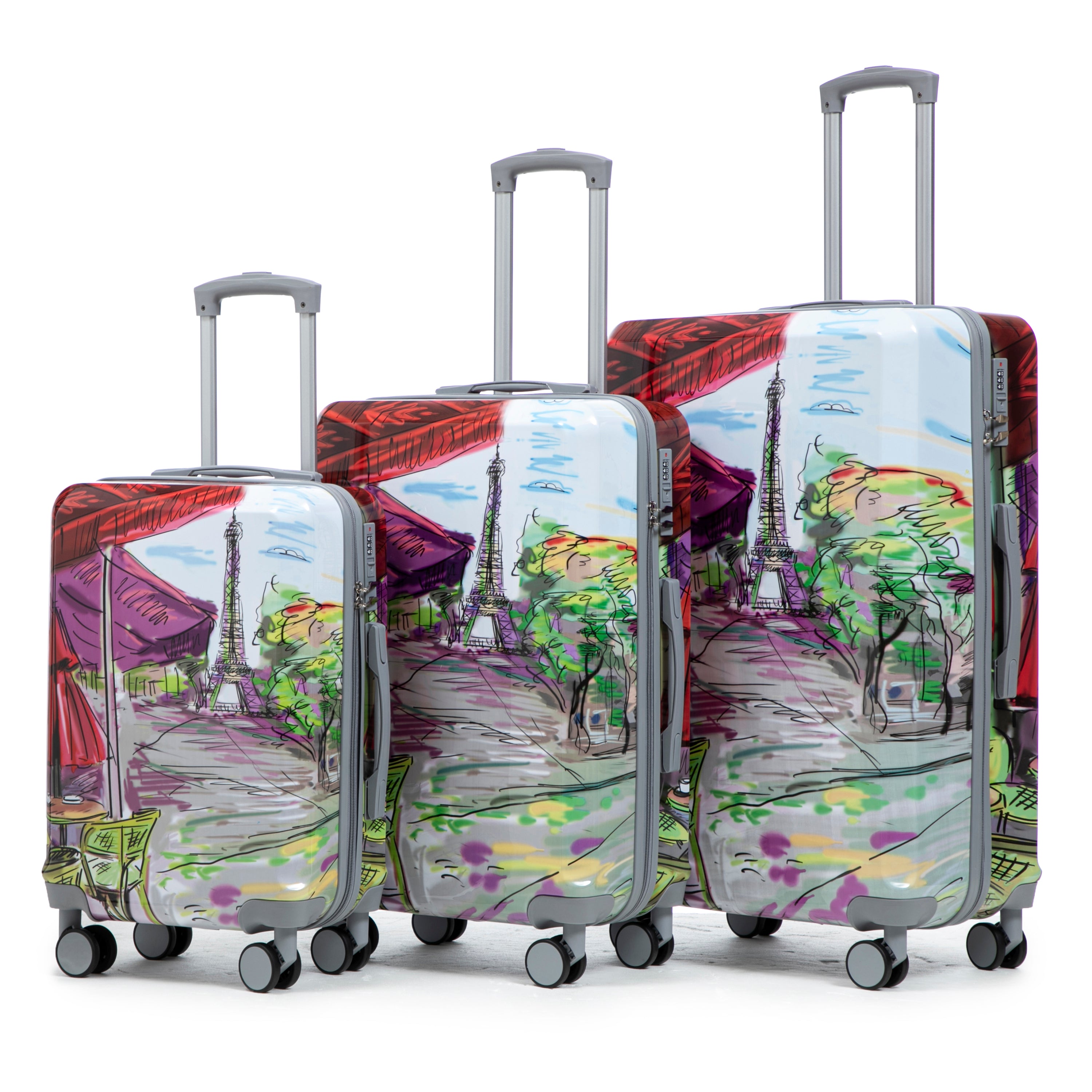 20'/24'/28' 3 pcs/set in PC Spinner Wheel Luggage, Carry on Suitcase, With Printed pattern and Combination Lock (Coffee+Iron Tower)
