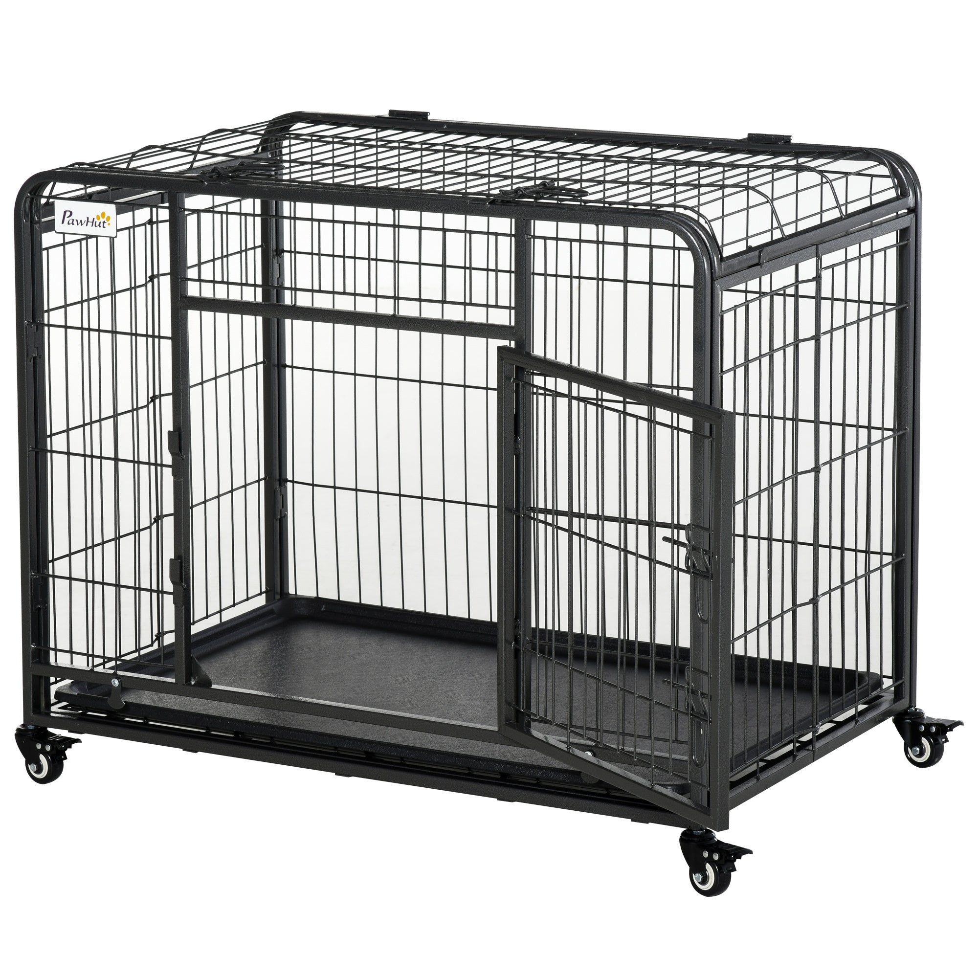 PawHut Folding Design Heavy Duty Metal Dog Cage Crate & Kennel with Removable Tray and Cover, & 4 Locking Wheels, Indoor/Outdoor 37'