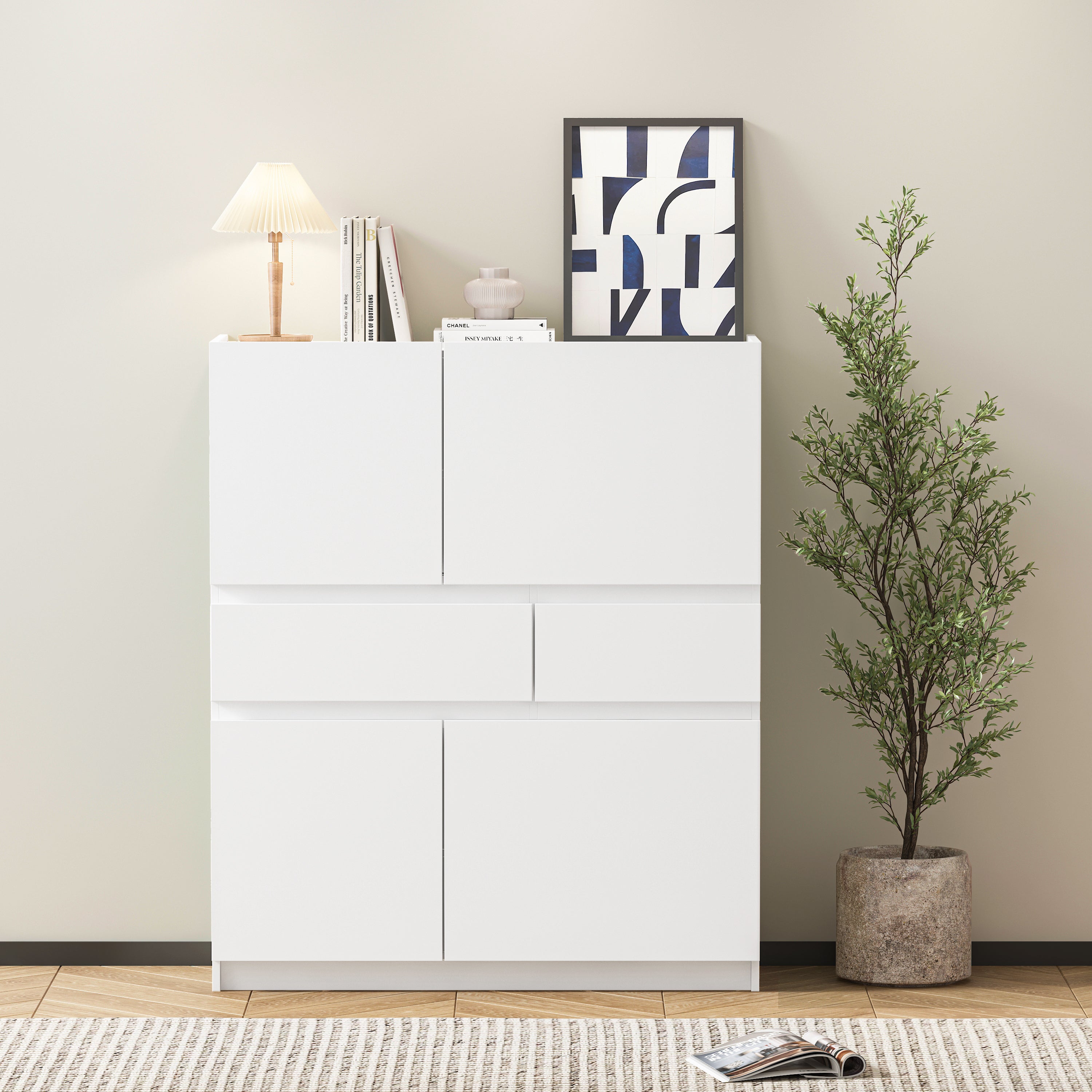 White wooden storage cabinet with 4 doors and 2 drawers