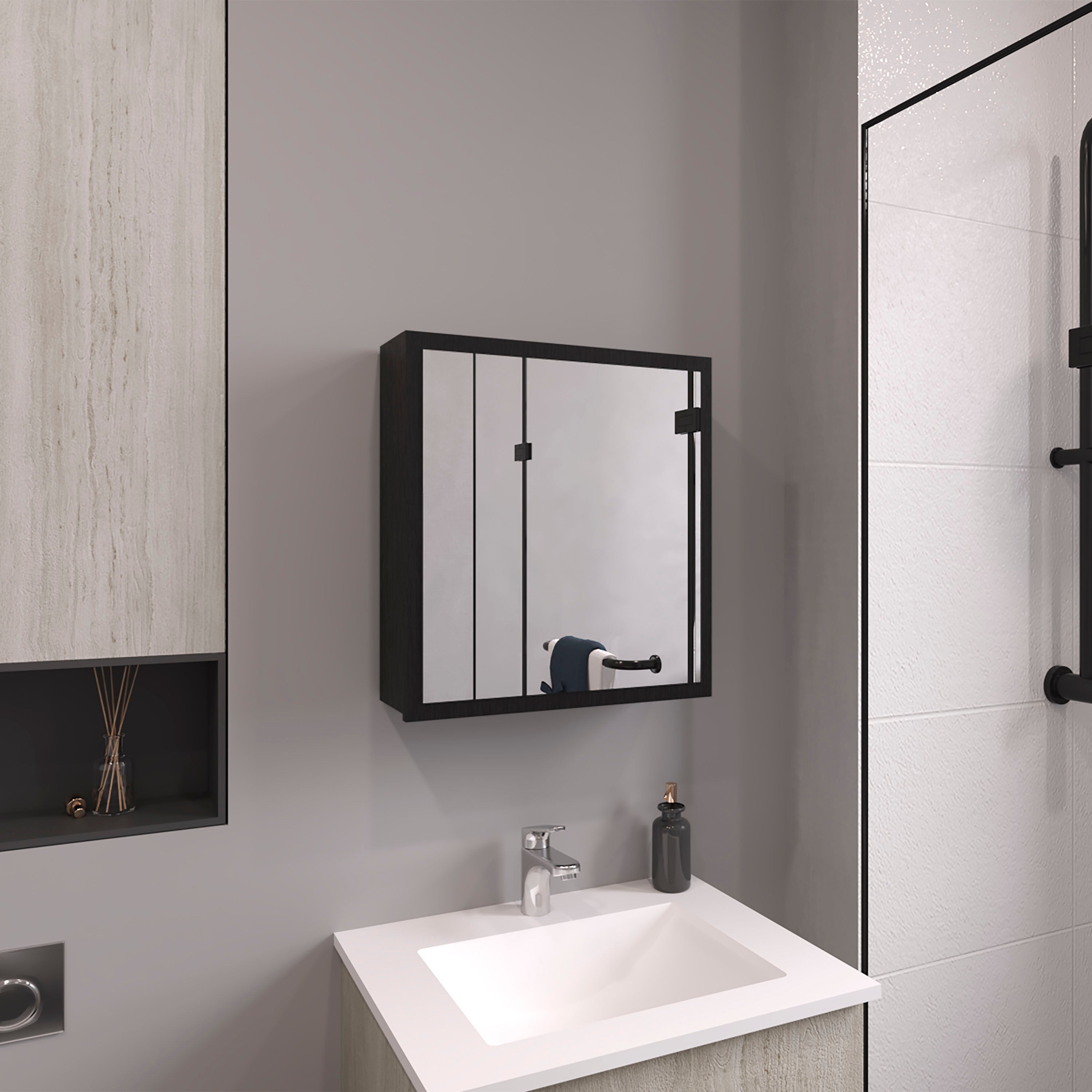 Duma 21.1' H x 19.7' W Mirror Medicine Cabinet, One door with Four interior Shelves for Bathroom, Kitchen Black