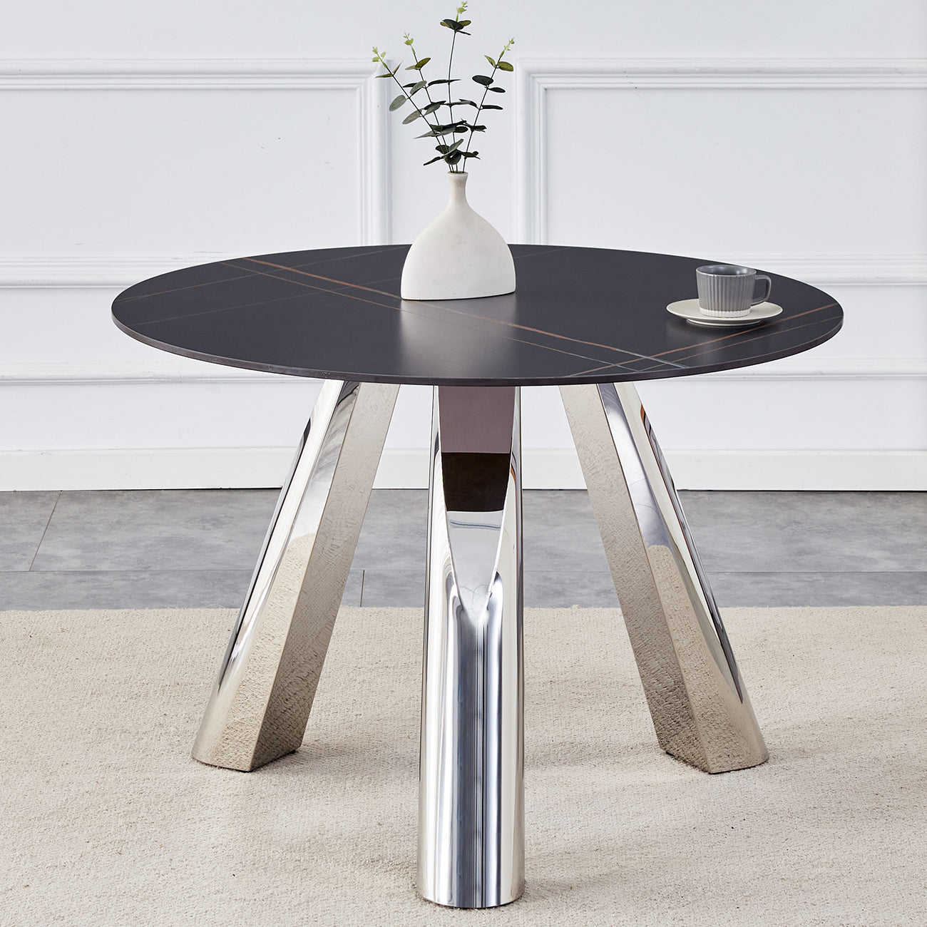 42' Luxury Sintered Stone Table: 0.45' Durable Top + 6' Steel Legs,350lb Capacity, Stain/Heat-Resistant Black Veined Surface - Modern Minimalist DesignW1512S00111
