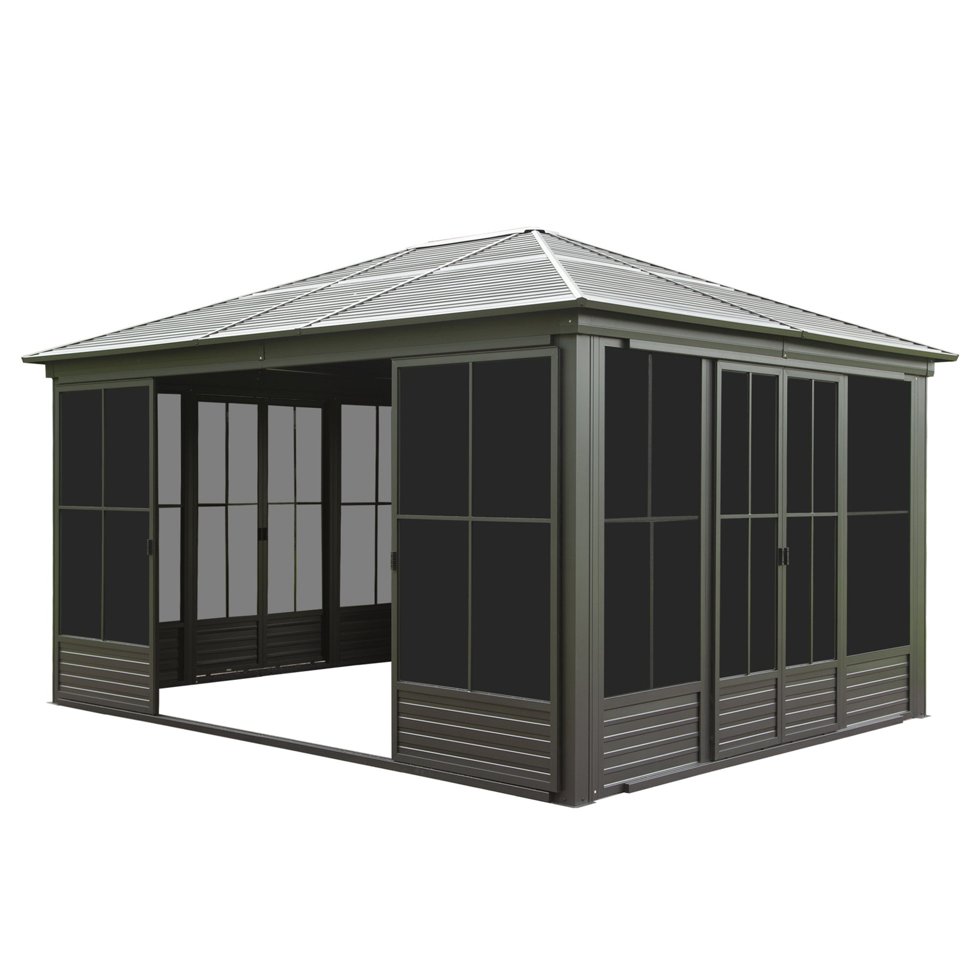 12x14FT Outdoor Sunroom, Galvanized Steel Hardtop Enclose Gazebo Sloping Roof, All Weather Aluminum Solarium Screen House for Patio Deck Backyard with Lockable Door, Moveable PC Screen