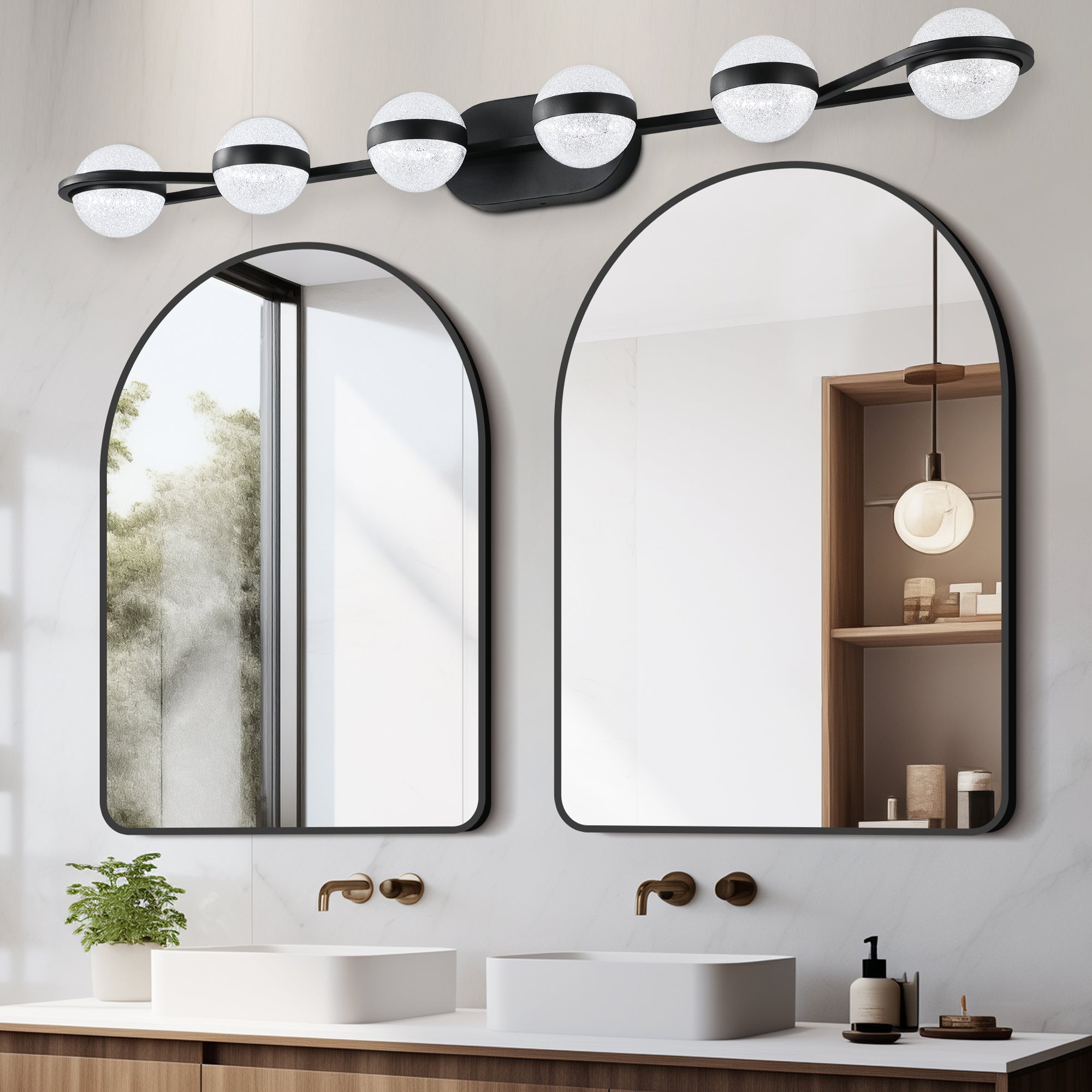 43' Black Minimalist LED Bathroom Vanity Light with Crystal Sand Acrylic Shades,6-Light Wall Mounted Decorative Lighting Fixture, Suitable for Bathroom Vanity Mirror
