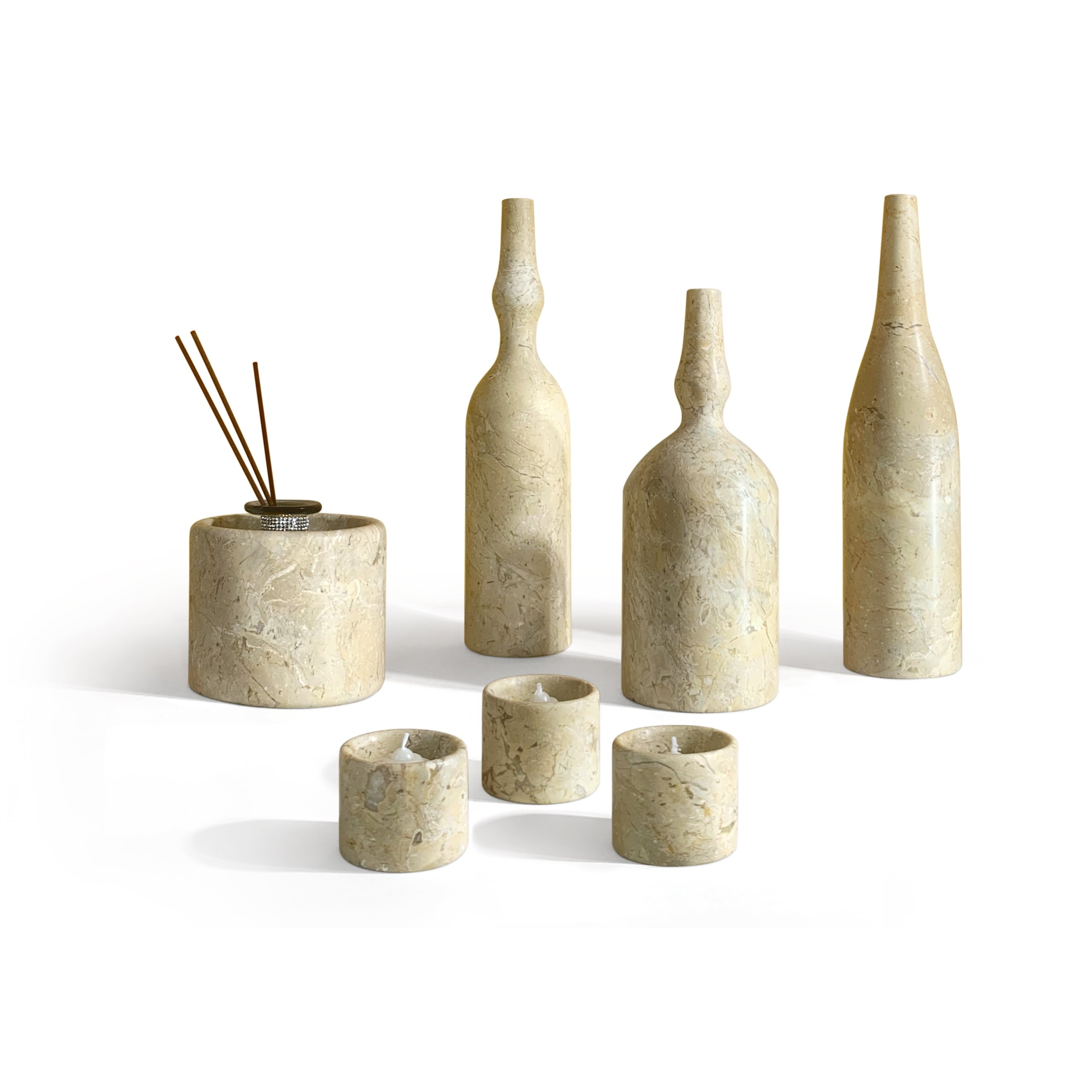 Luxury Glod Yellow Beige Natural Marble Living Room Accessories Set, Genuine Marble, 7 Pcs