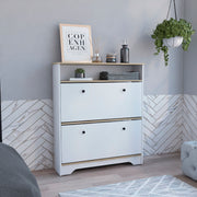 Shoe Rack 46' H, One Open Storage Shelf, Two Internal Storage Drawers, Two Doors, Light Oak / White