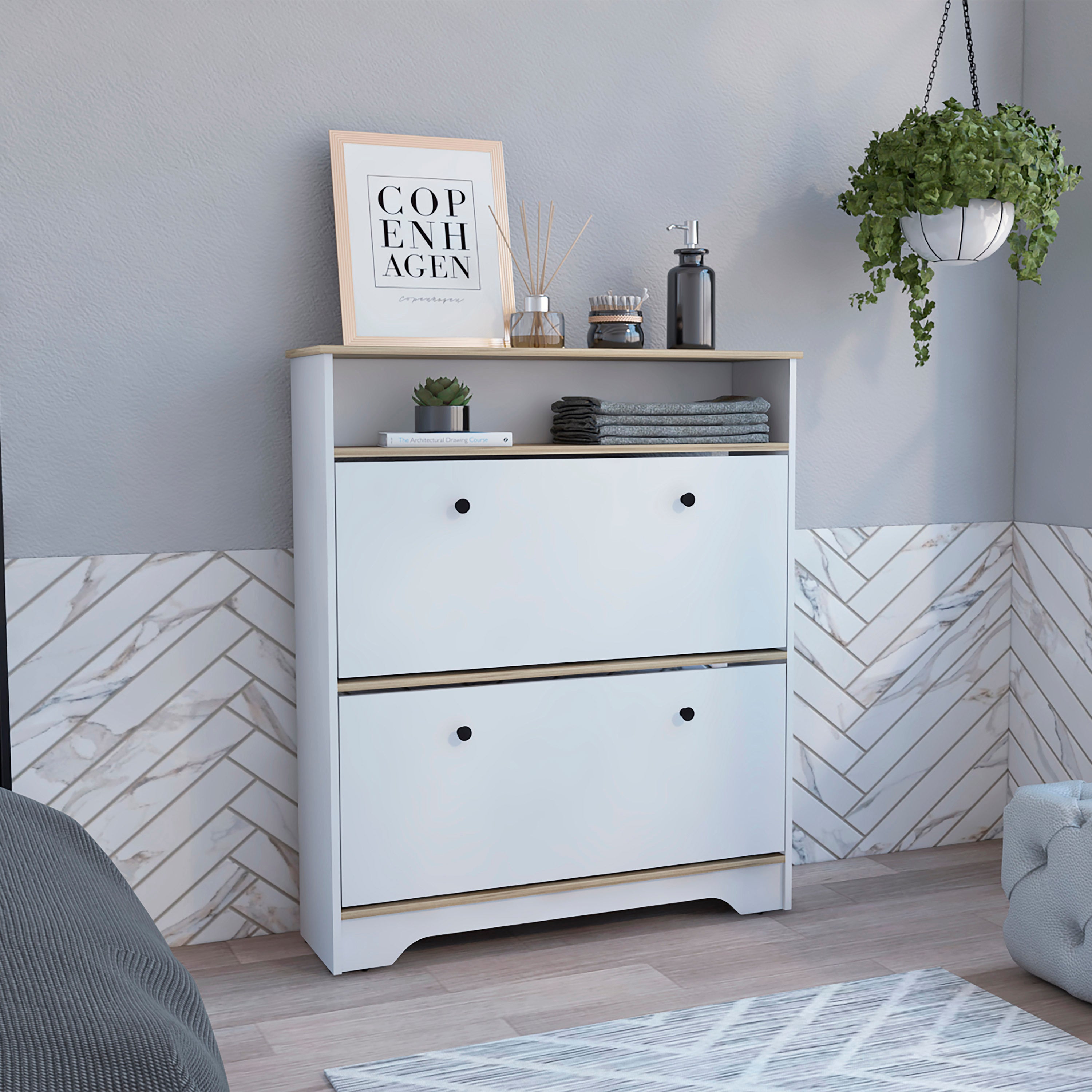 Shoe Rack 46' H, One Open Storage Shelf, Two Internal Storage Drawers, Two Doors, Light Oak / White