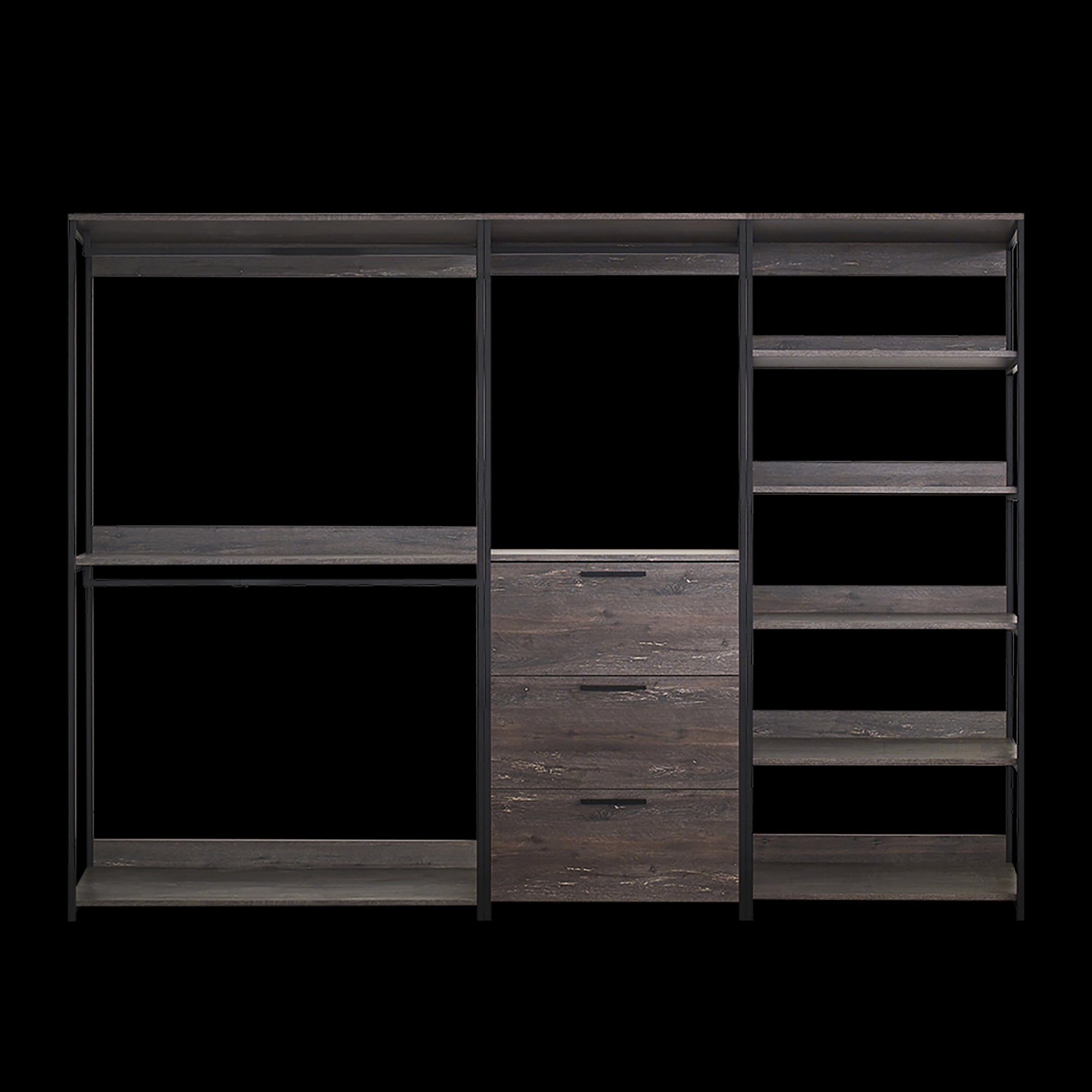 Monica Wood Walk-in Closet System with Spacious Storage in Grey Wood and Metal Frame