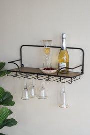 24x8.3x9.8' Wooden Wall Mounted Shelf with Slender Black Iron Frame and Hanging Hooks