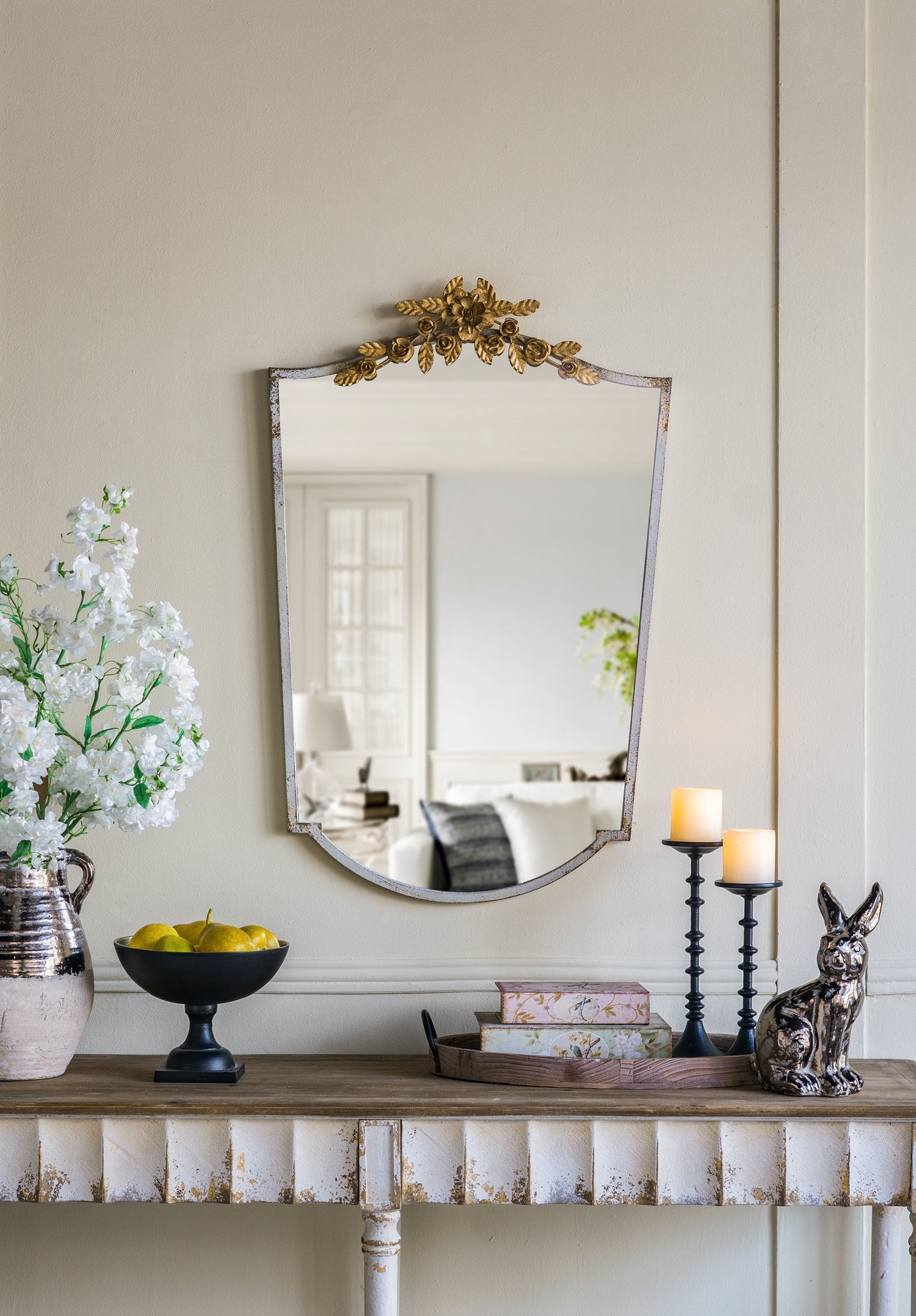 24x1.6x37.4' Decorative Arched Wall Mirror with Distressed Ivory Frame and Gold Floral Crown