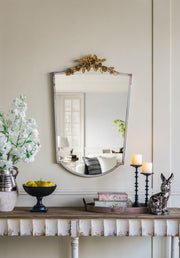 24x1.6x37.4' Decorative Arched Wall Mirror with Distressed Ivory Frame and Gold Floral Crown