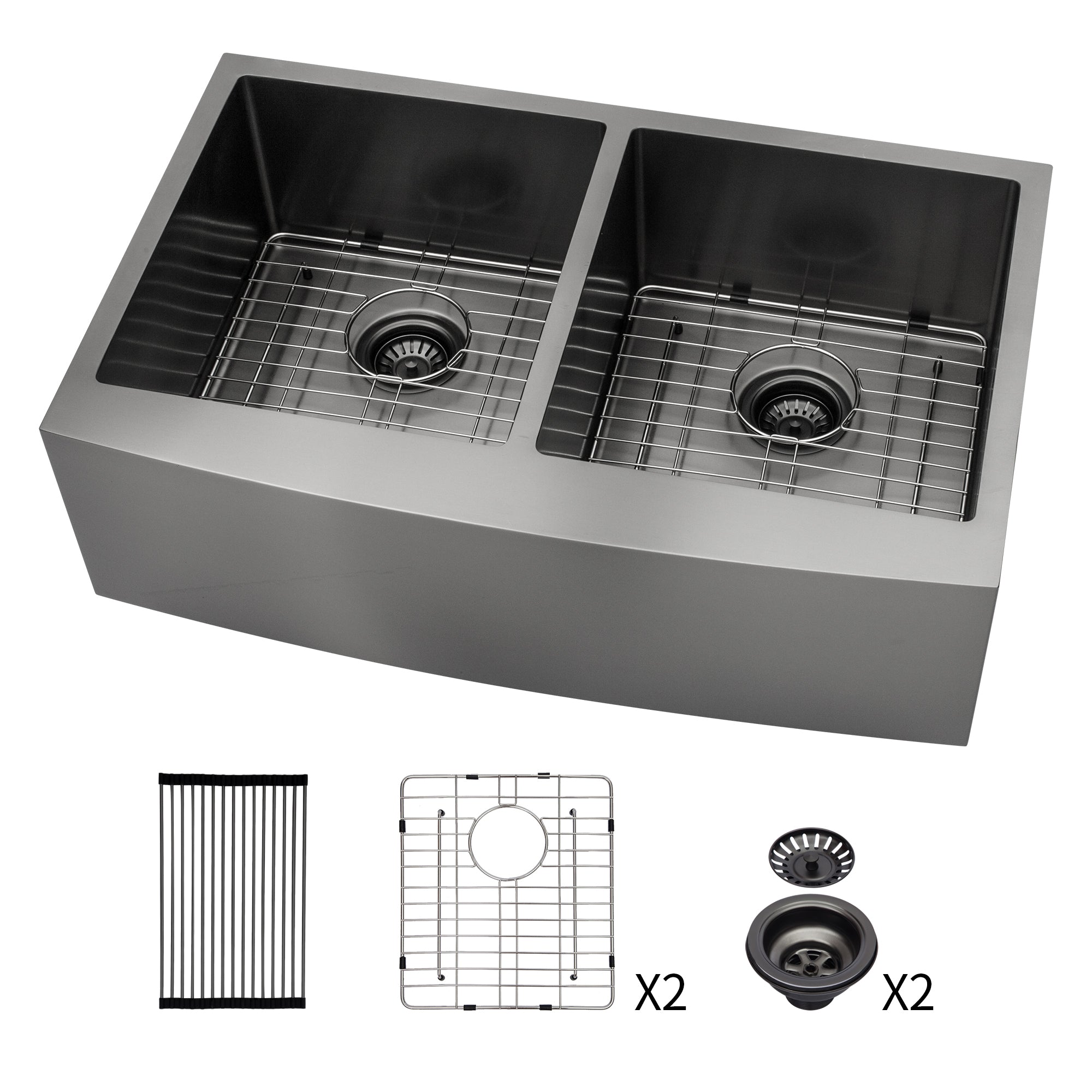 Gunmetal Black Double Bowl Farmhouse Sink 36x21x10 Stainless Steel Apron Front Kitchen Sink 16 Gauge with Two 10 Deep Basins