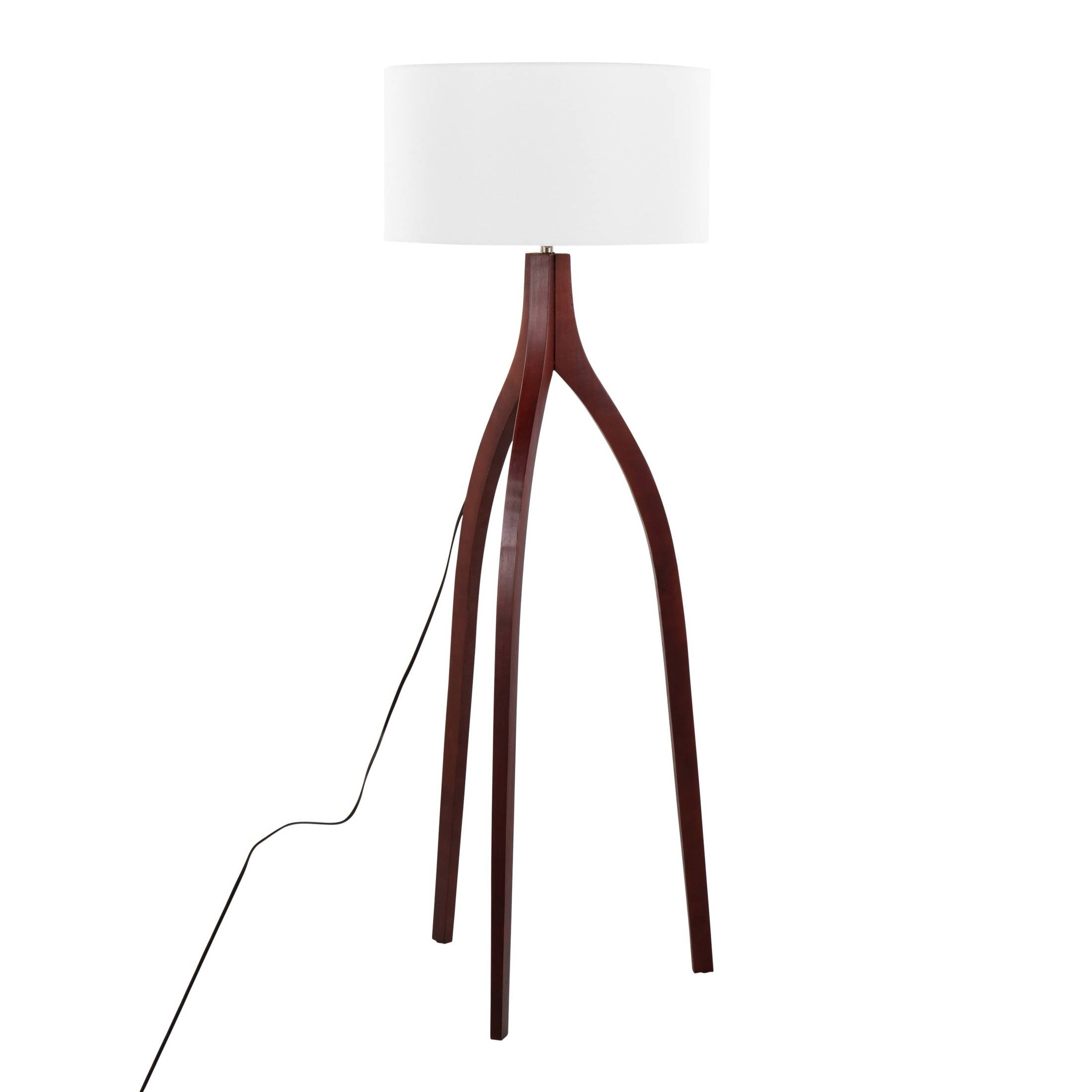 Wishbone Contemporary Floor Lamp in Walnut Wood with a White Fabric Shade by LumiSource