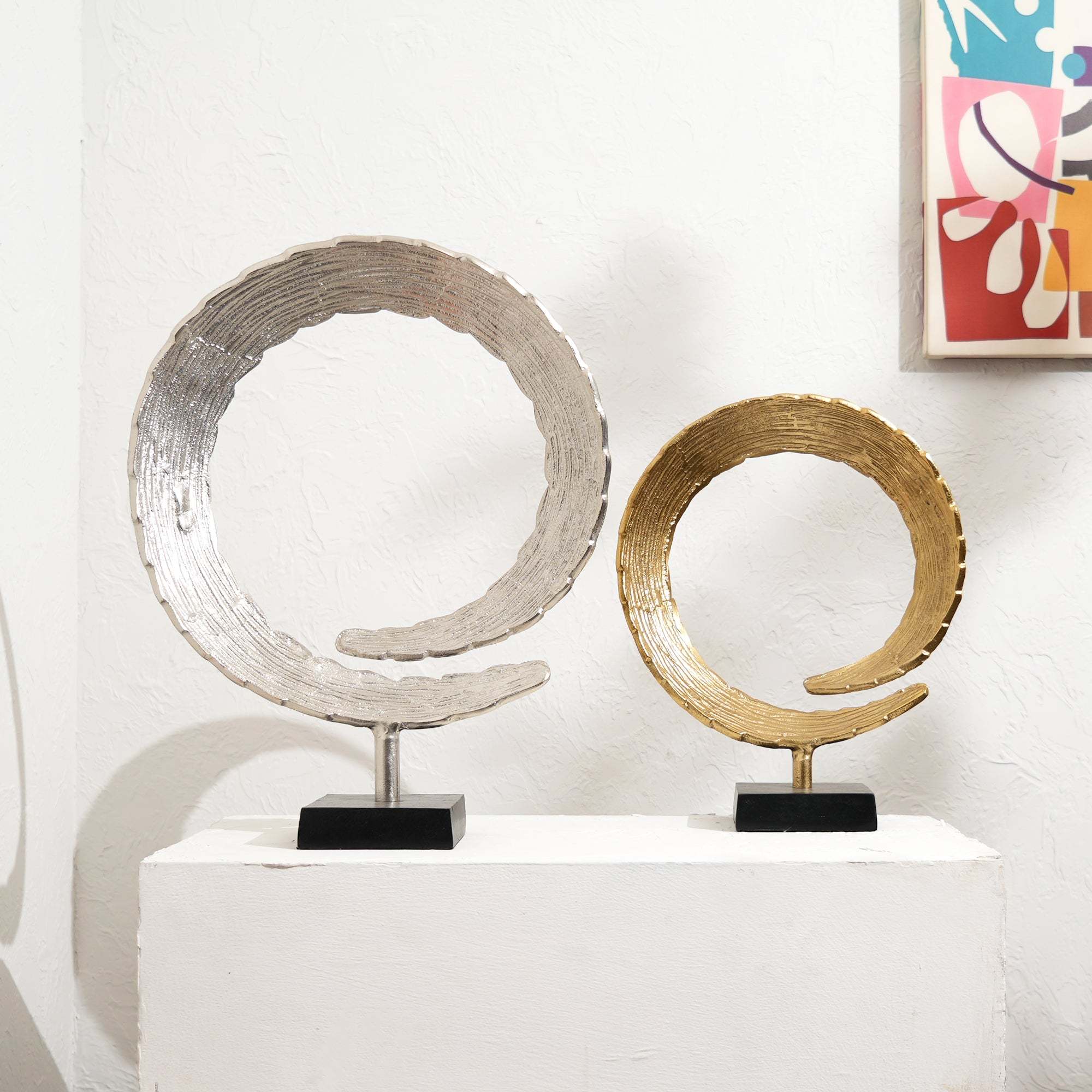 Dual Harmony Rings Sculpture – Set of 2 Modern Aluminum Art Pieces-14x4.5x18'