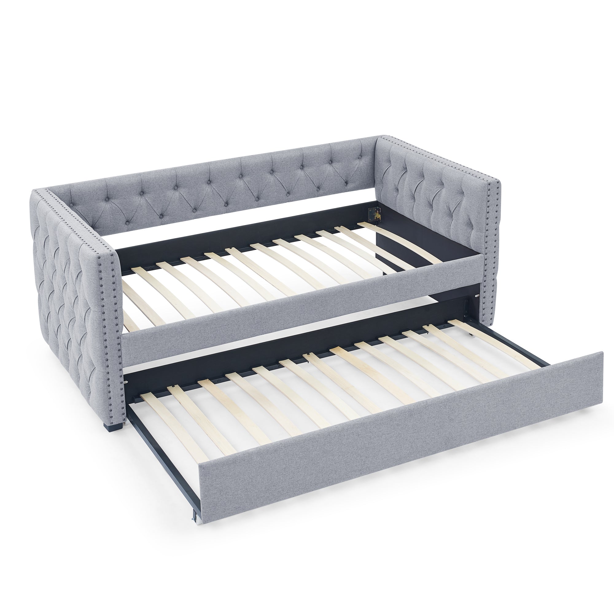 Mid-Century Inspired Upholstered Twin Size Daybed with Trundle, Button-Tufted, Grey Linen, 85'x42.5'x31.5'