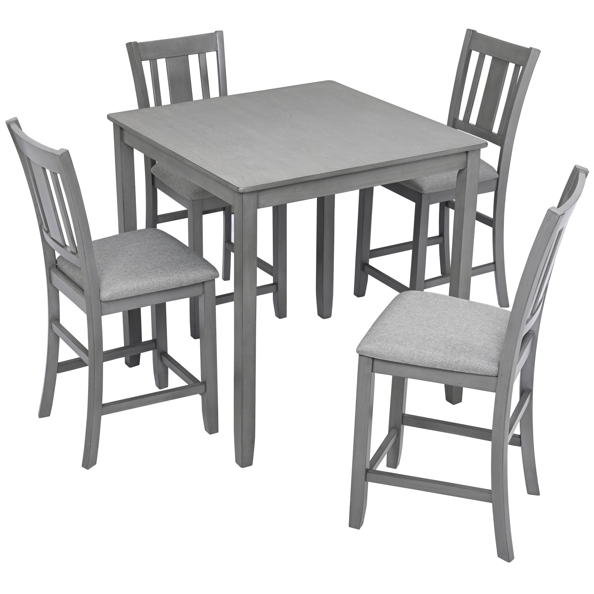 5PCs Dining Table Set, Wooden Dining Square Table Set for 4, Counter Height Kitchen Table Set with Square Table and 4 Upholstered Chairs for Small Space, Gray