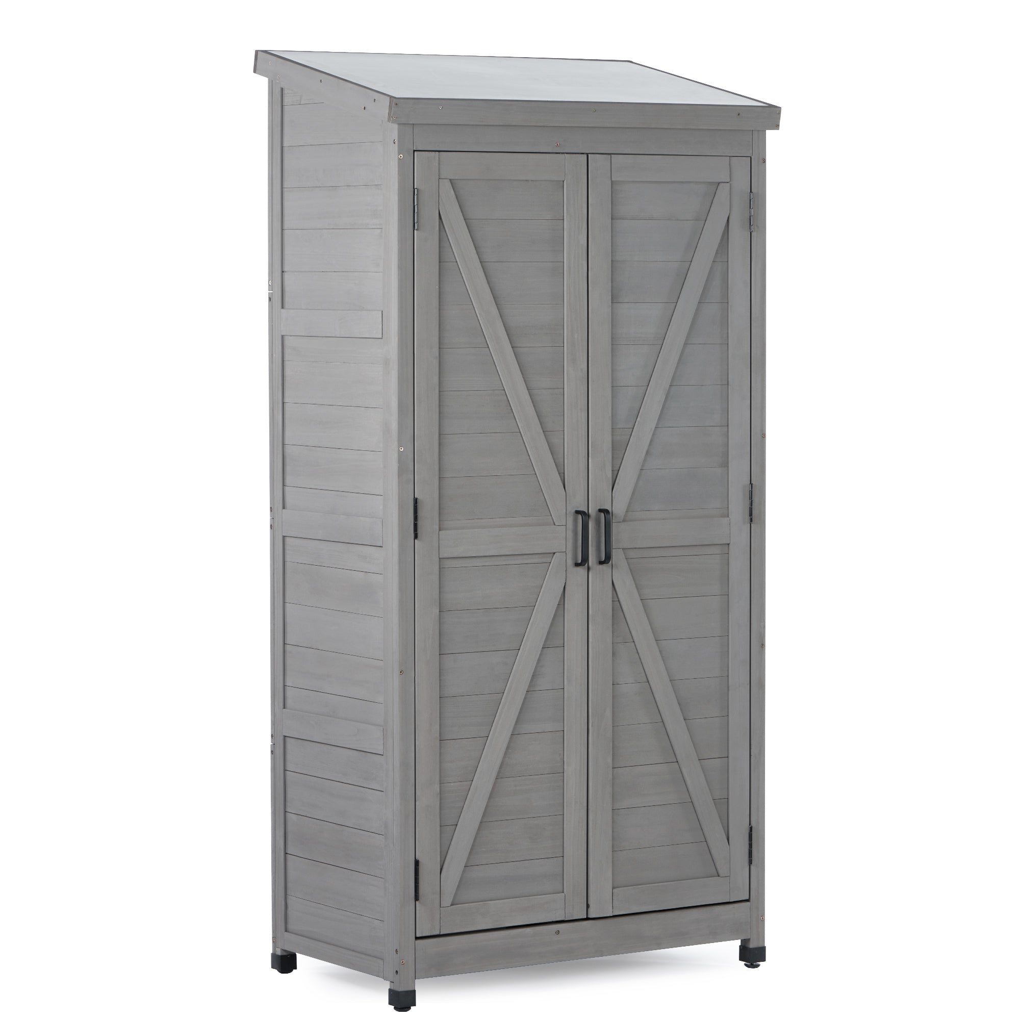 Gray Wood Outdoor Storage Cabinet with Metal Top, 68' Tall Garden Shed for Yard and Patio