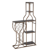 Rustic Grey 11 Bottle Wine Bakers Rack with Hanging Glass Holder and Storage Shelves