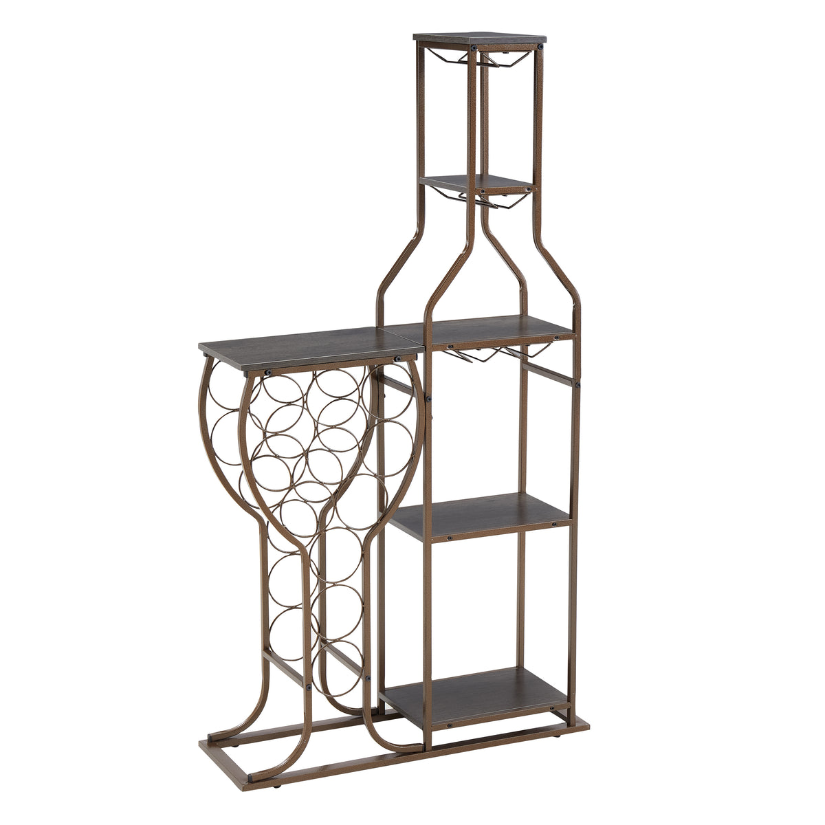 Rustic Grey 11 Bottle Wine Bakers Rack with Hanging Glass Holder and Storage Shelves