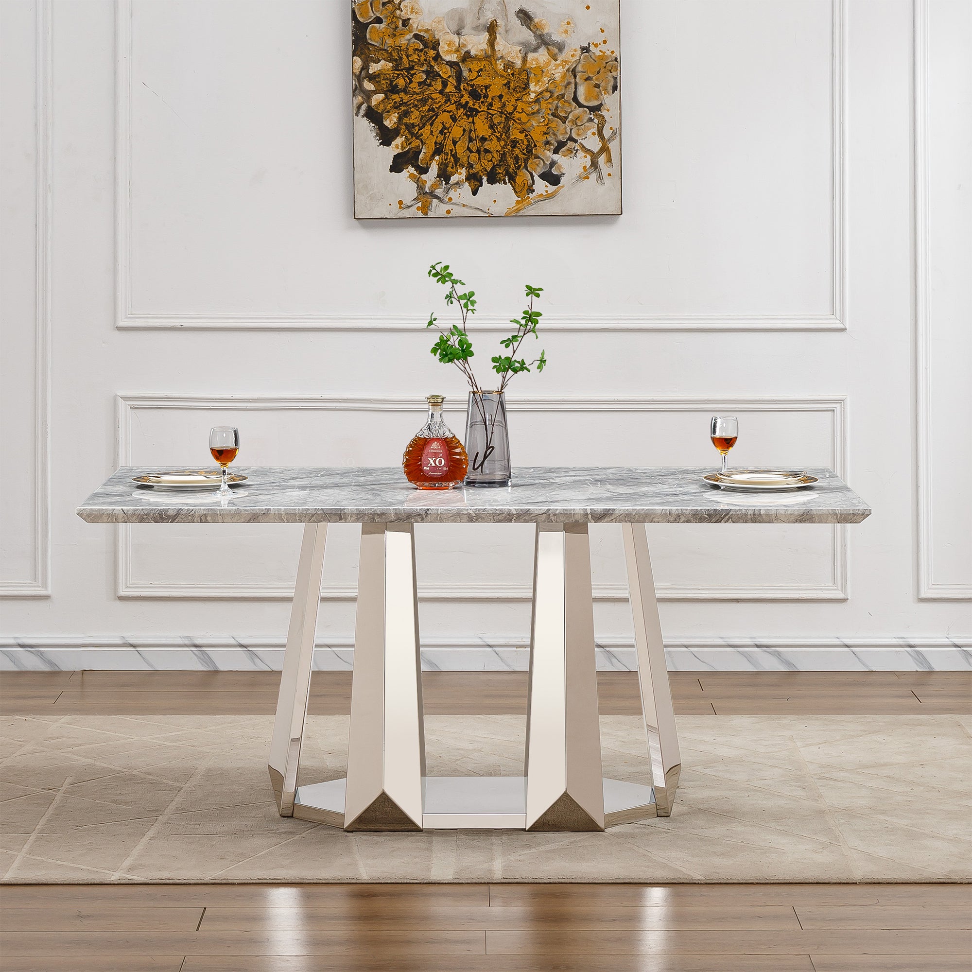 Marble Dining Table for 6 People, 70'' Rectangle Faux Marble Dining Table with Mirrored Finish Stainless Steel Base, Modern Large Size Marble Kitchen Table (Silver,Grey)(only table)