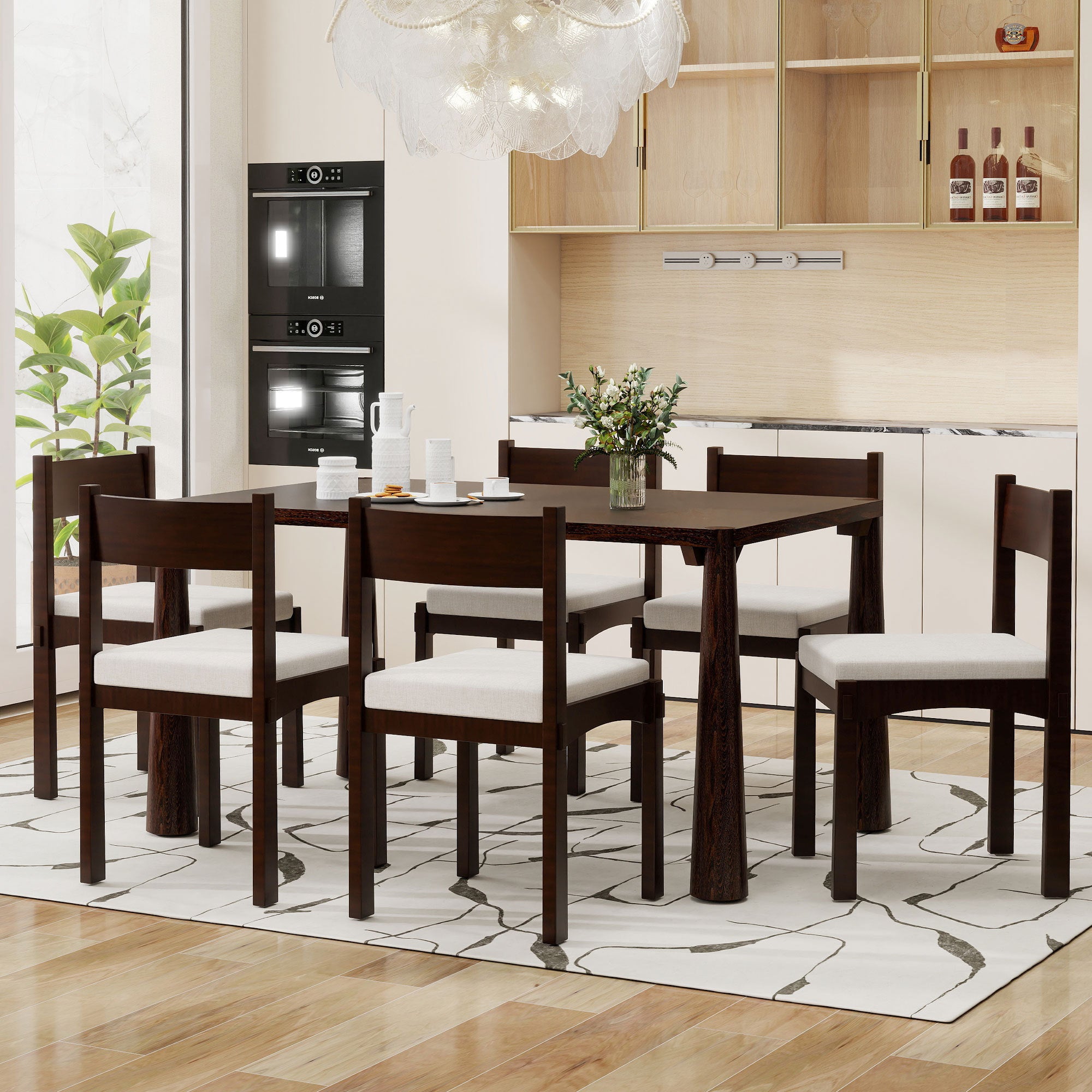 TREXM 7-Piece Retro Dining Table Set for 6, Wood Dining Table Set for 6 with Upholstered Chairs for kitchen & Dining Room (Espresso)