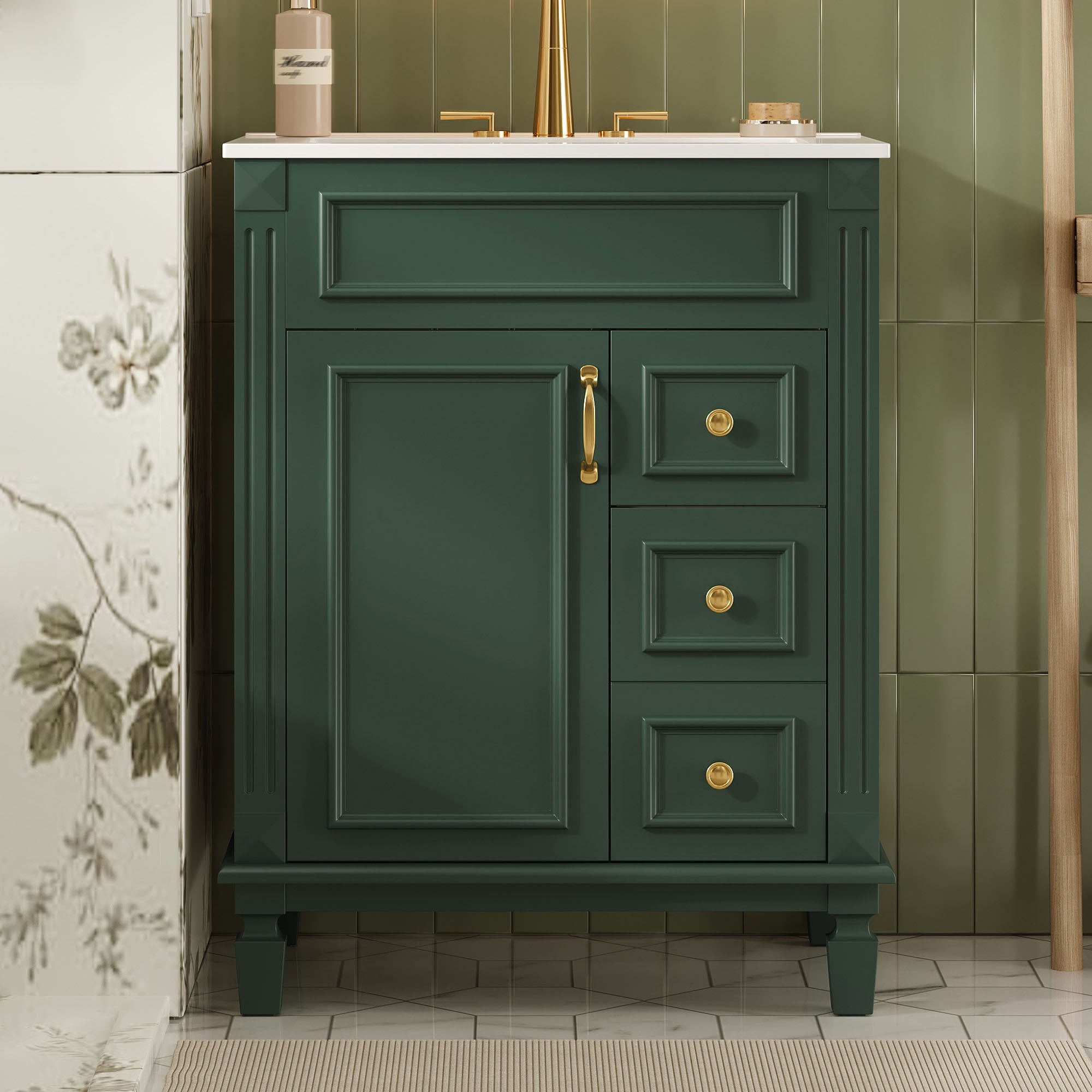 24' Bathroom Vanity with Ceramic Sink, Small Bathroom Sink Cabinet, Modern Cabinet with 2 Drawers and Adjustable Shelf