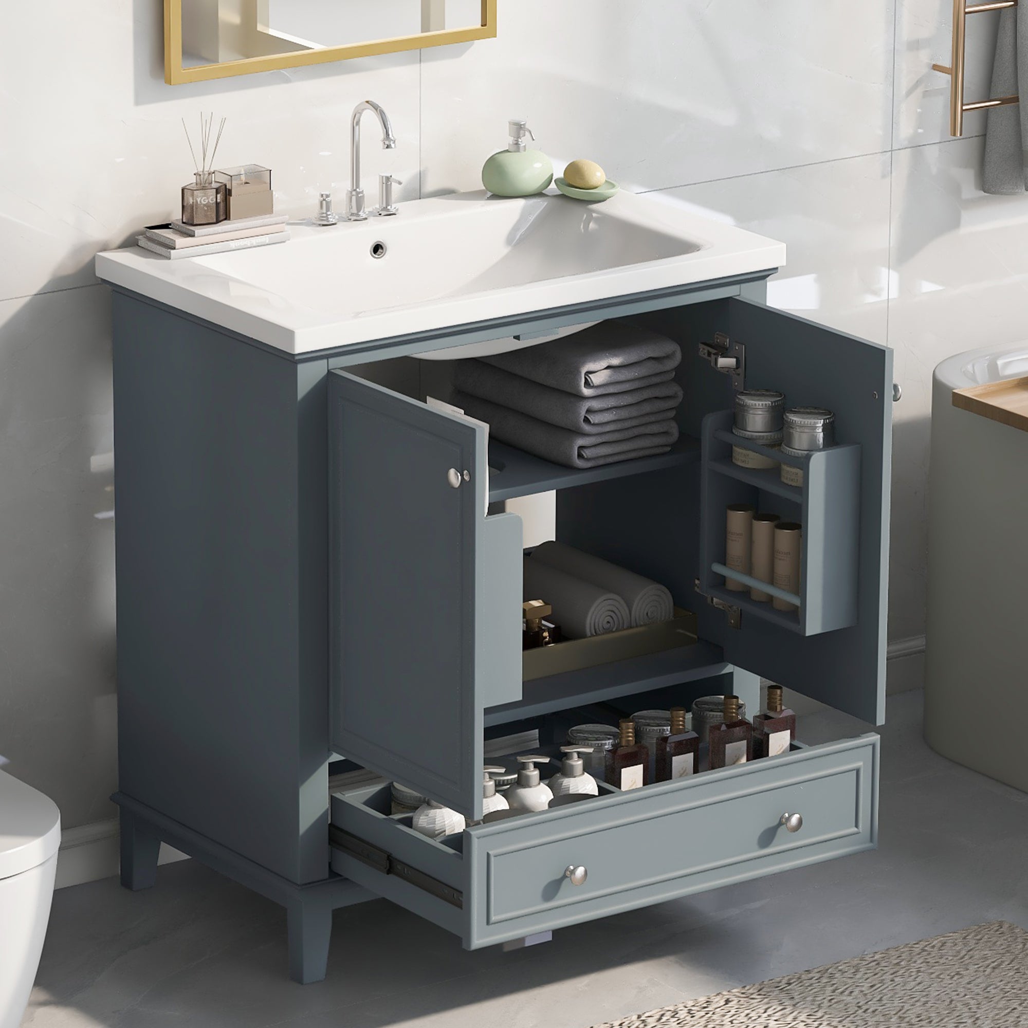30' Bathroom Vanity with Sink Combo, Multi-functional Bathroom Cabinet with Doors and Drawer, Solid Frame and MDF Board, Blue