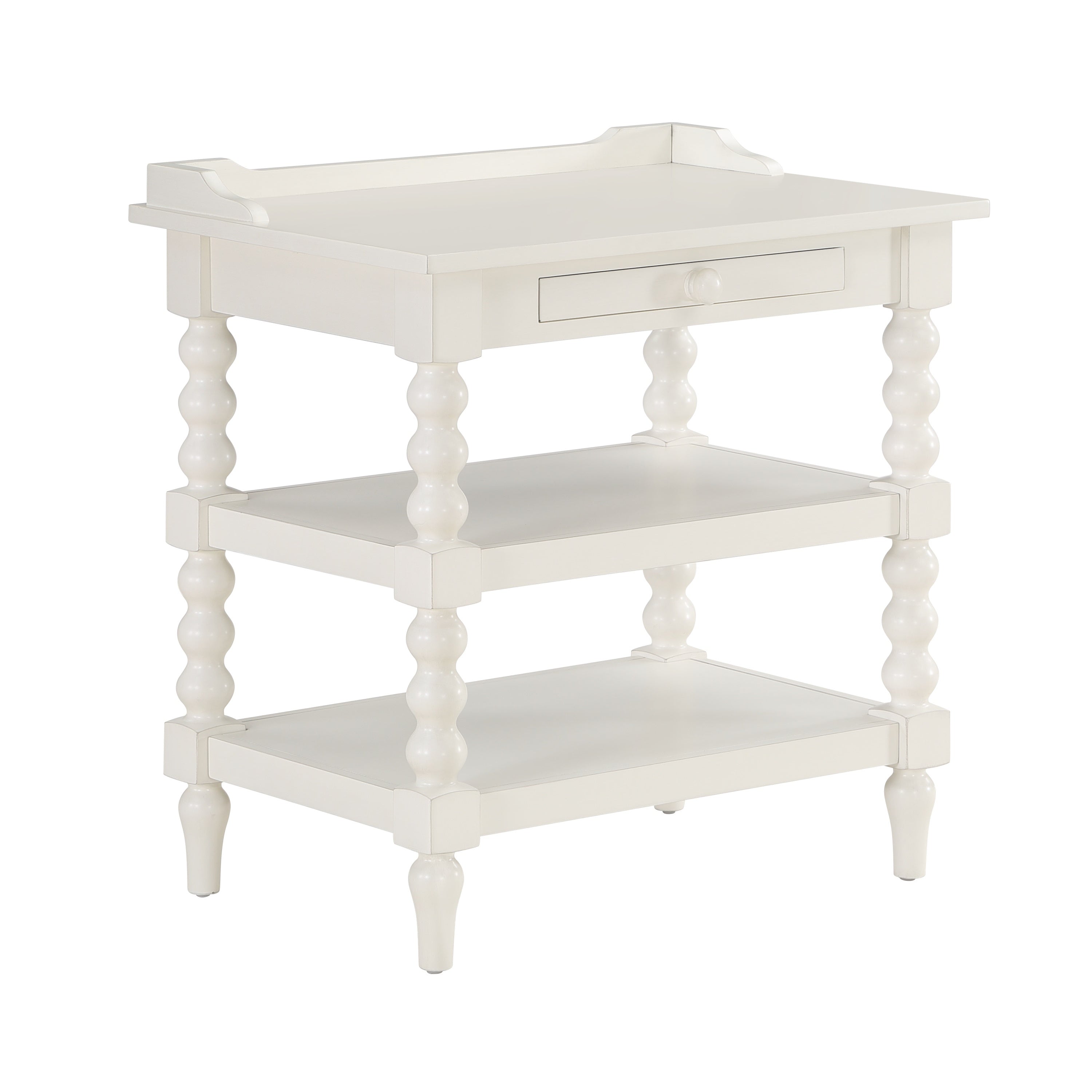 Aria Antique White Nightstand with Vintage Styling, Wood Construction, Two Shelves, Pull-Out Tray, Spool Turned Legs, 26.00 x 18.00 x 26.75 Inches