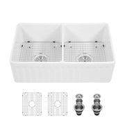 White Farmhouse Sink - 33 inch Ceramic Double Bowl Kitchen Sink in White with Deep Bowls and Stainless Steel Grids