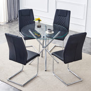 Table and chair set.36.6'Round clear glass dining table with a unique shape with ring-shaped gathered silver metal legs.Paired with 4 Black high-quality PU dining chairs with silver metal legs.