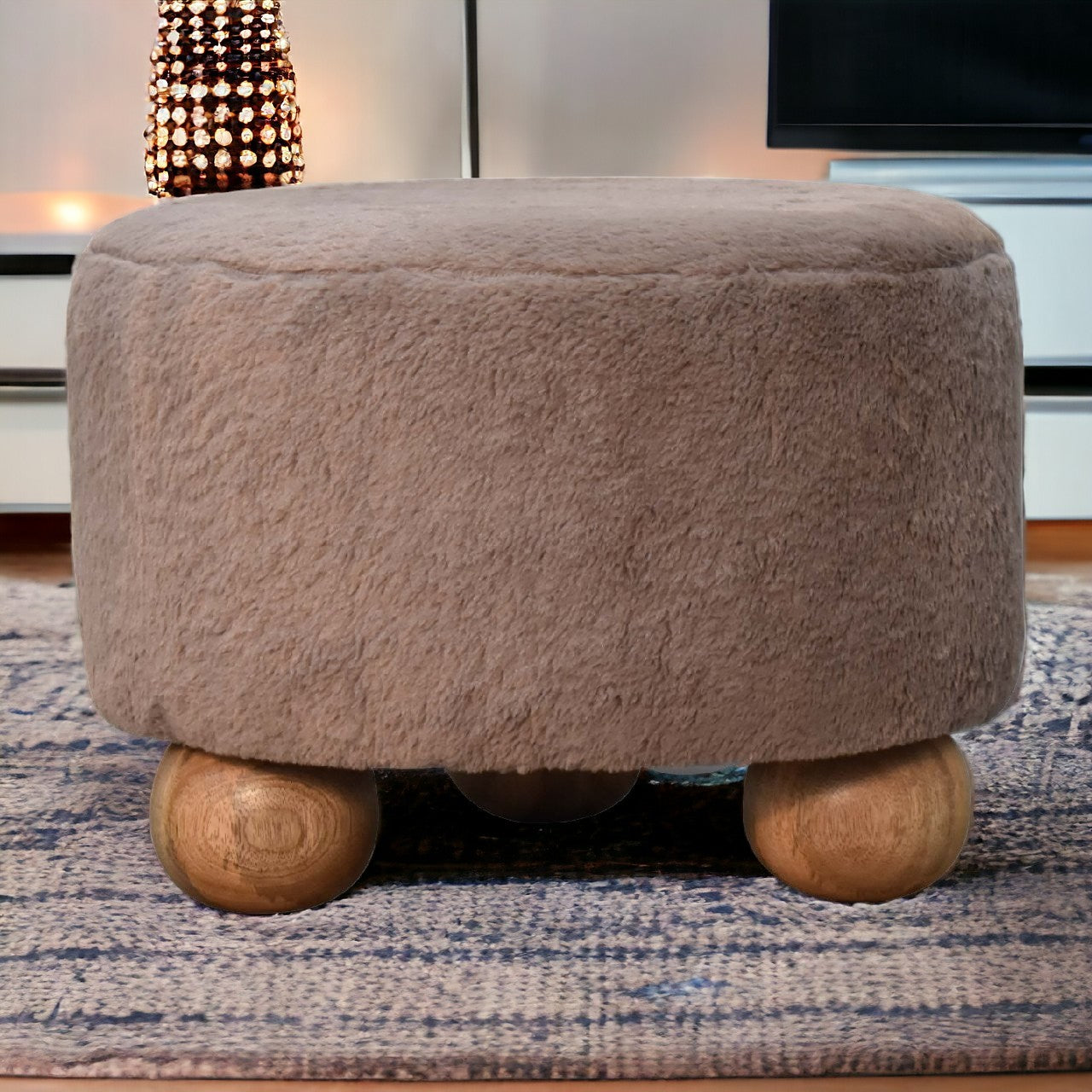 Mocha Faux Fur Upholstered, Round Ball Footstool, Light Brown