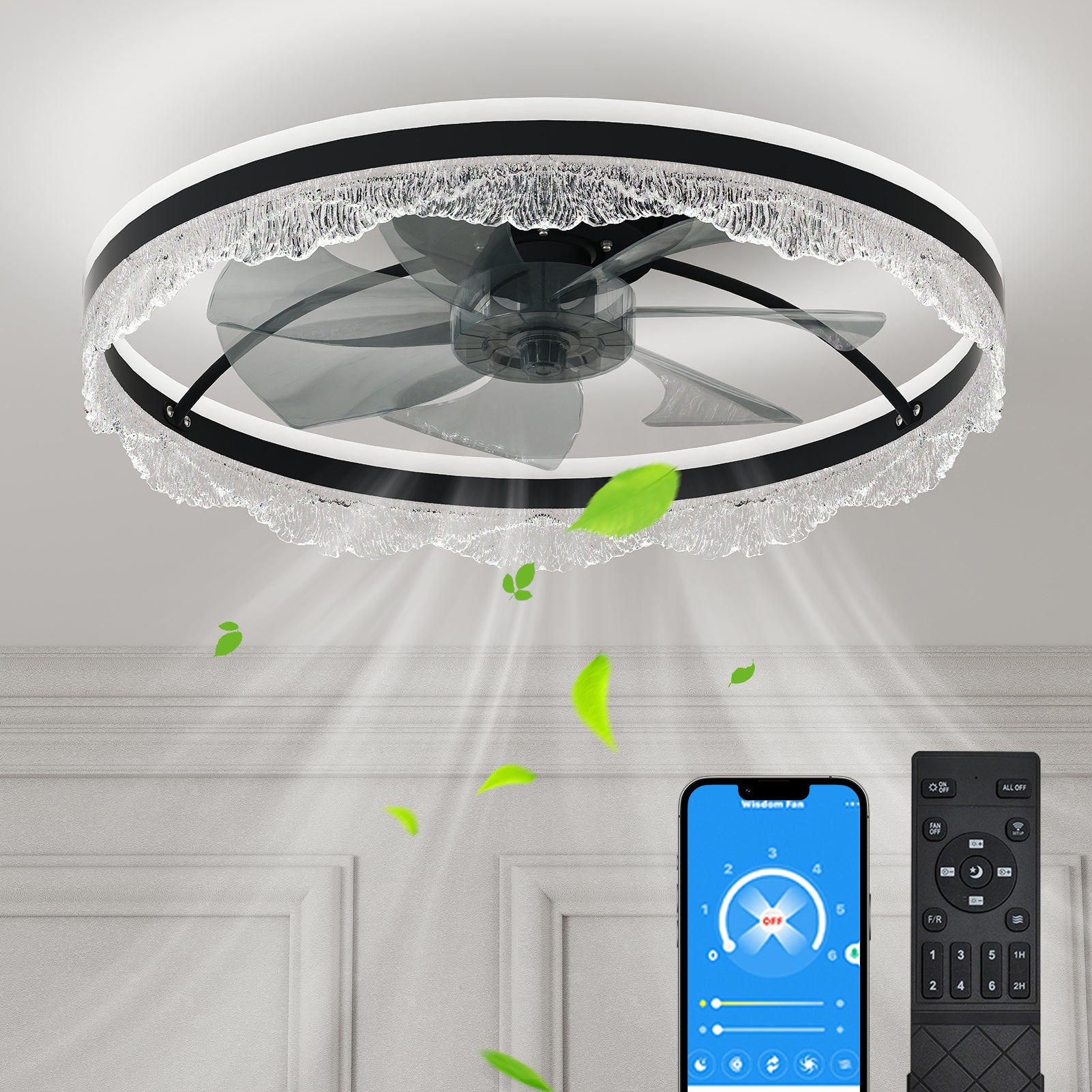 24' Quiet Ceiling Fan with Light – LED Crystal Flush Mount Fan Lamp with Hidden Blades and Natural Airflow, Perfect for Bedroom, Kids Room, Study Room