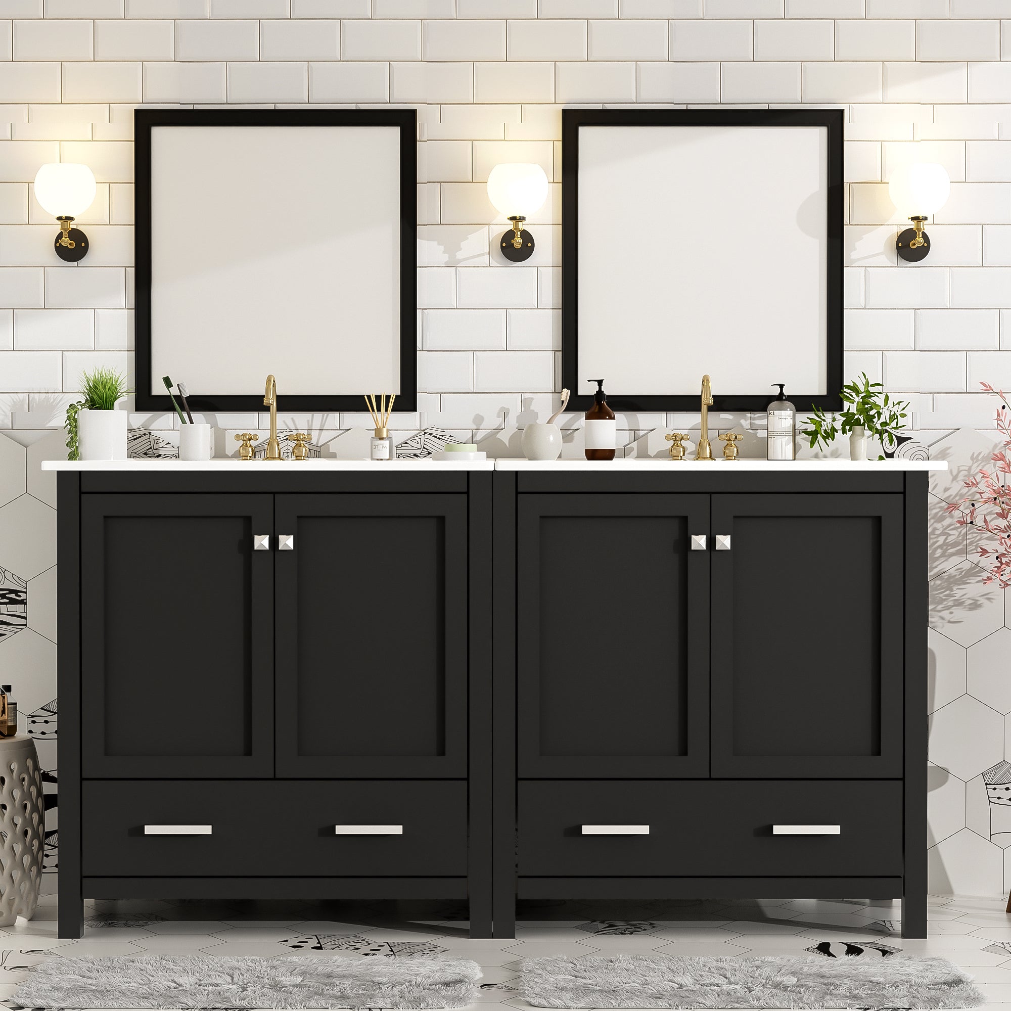 60' Black Bathroom Vanity Set with Double Vanities (Separate), Double Ceramic Sinks, Storage Shelf, and Divided Drawers  (Mirror not included)– Modern Bathroom Solution for Spacious Bathrooms