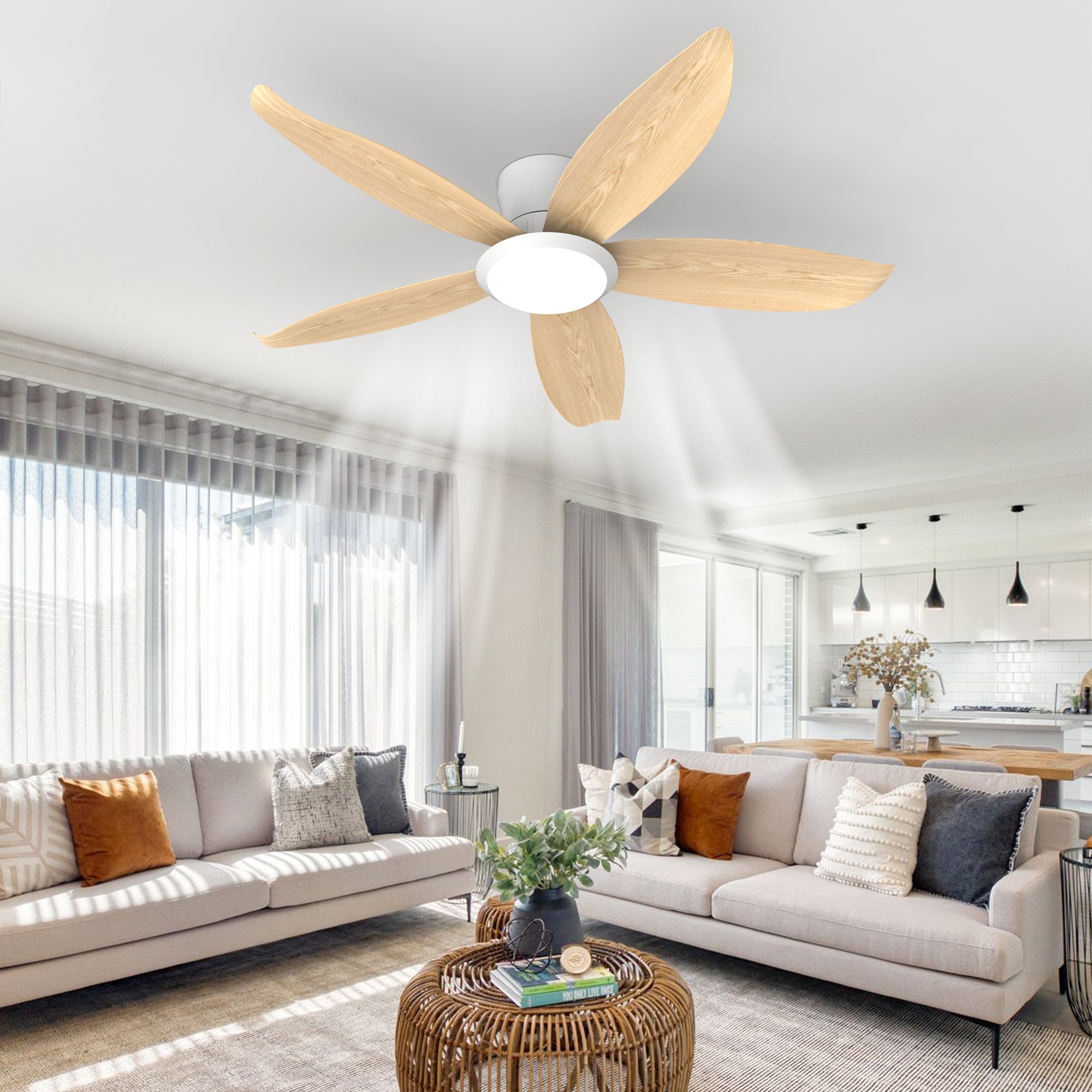 42-inch Wood Grain Finish Blades High Airflow Easy-Install Plug-in ABS Blade Ceiling Fan Light