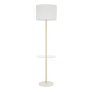 Chloe Contemporary Shelf Floor Lamp in White Marble Base, Clear Glass Shelf and White Linen Shade by LumiSource