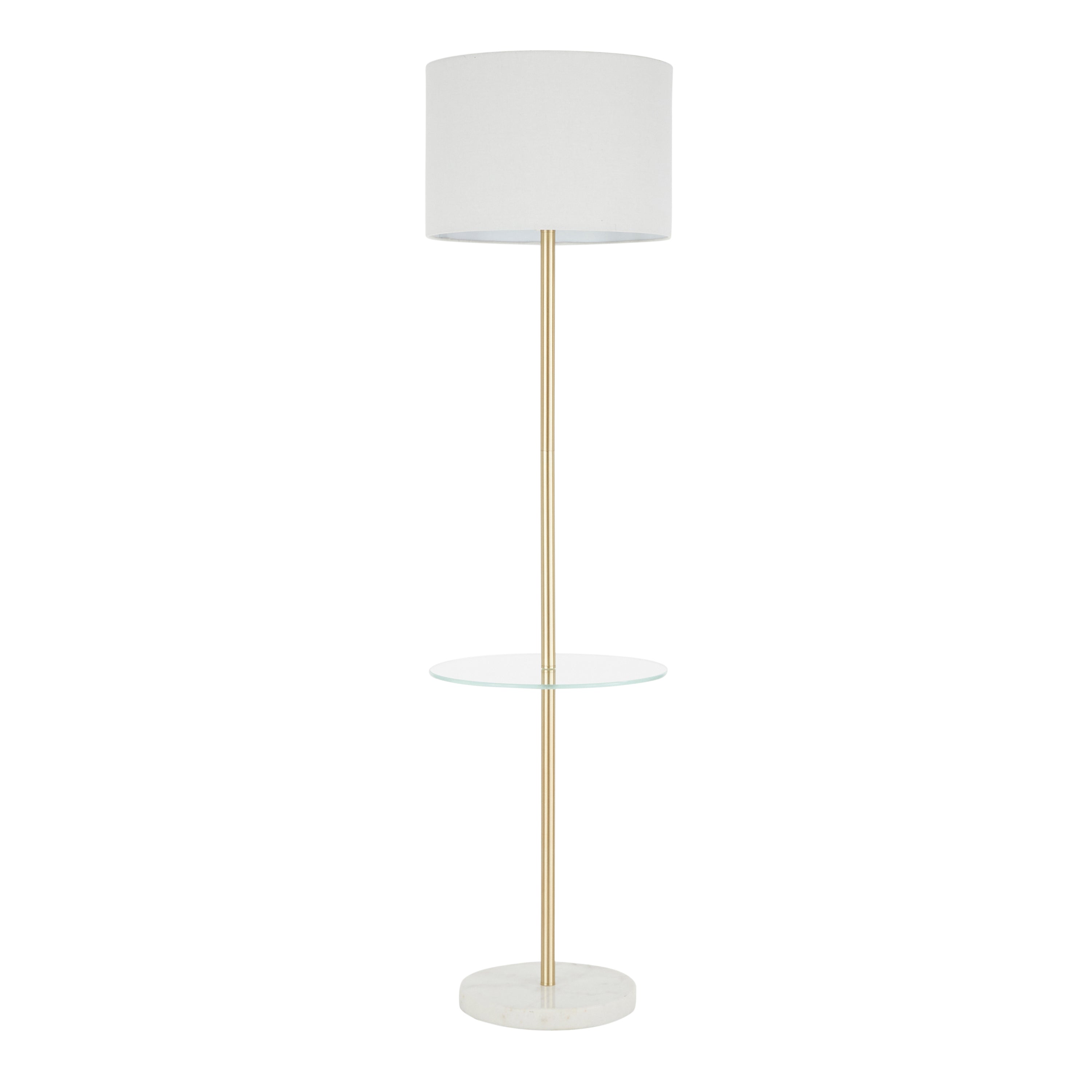 Chloe Contemporary Shelf Floor Lamp in White Marble Base, Clear Glass Shelf and White Linen Shade by LumiSource