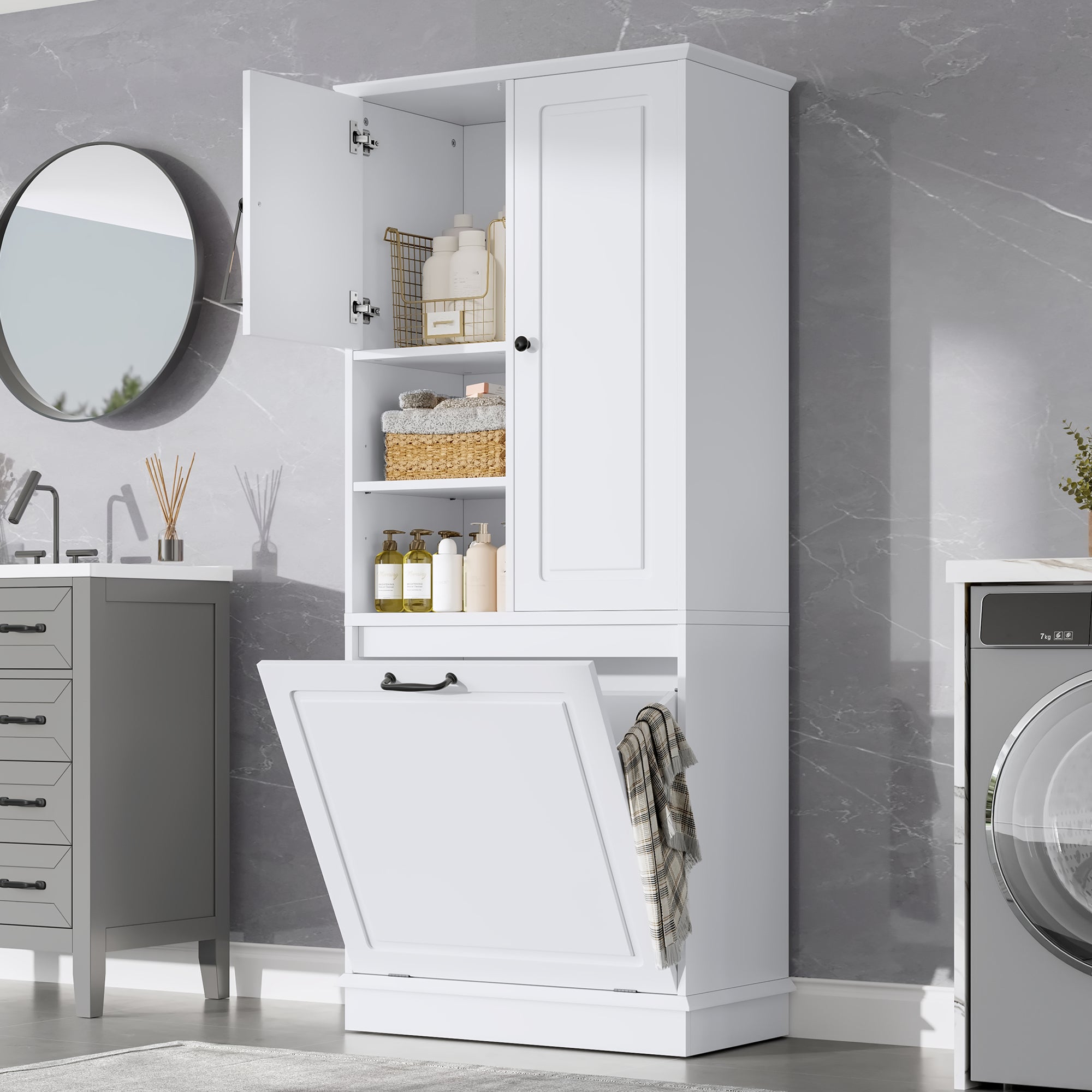 Tall Storage Cabinet with Adjustable Shelves, Large Flip-Out Basket & Enclosed Cabinets – Perfect for Bathroom, Living Room, or Office, MDF Material with Aluminum Alloy Handles