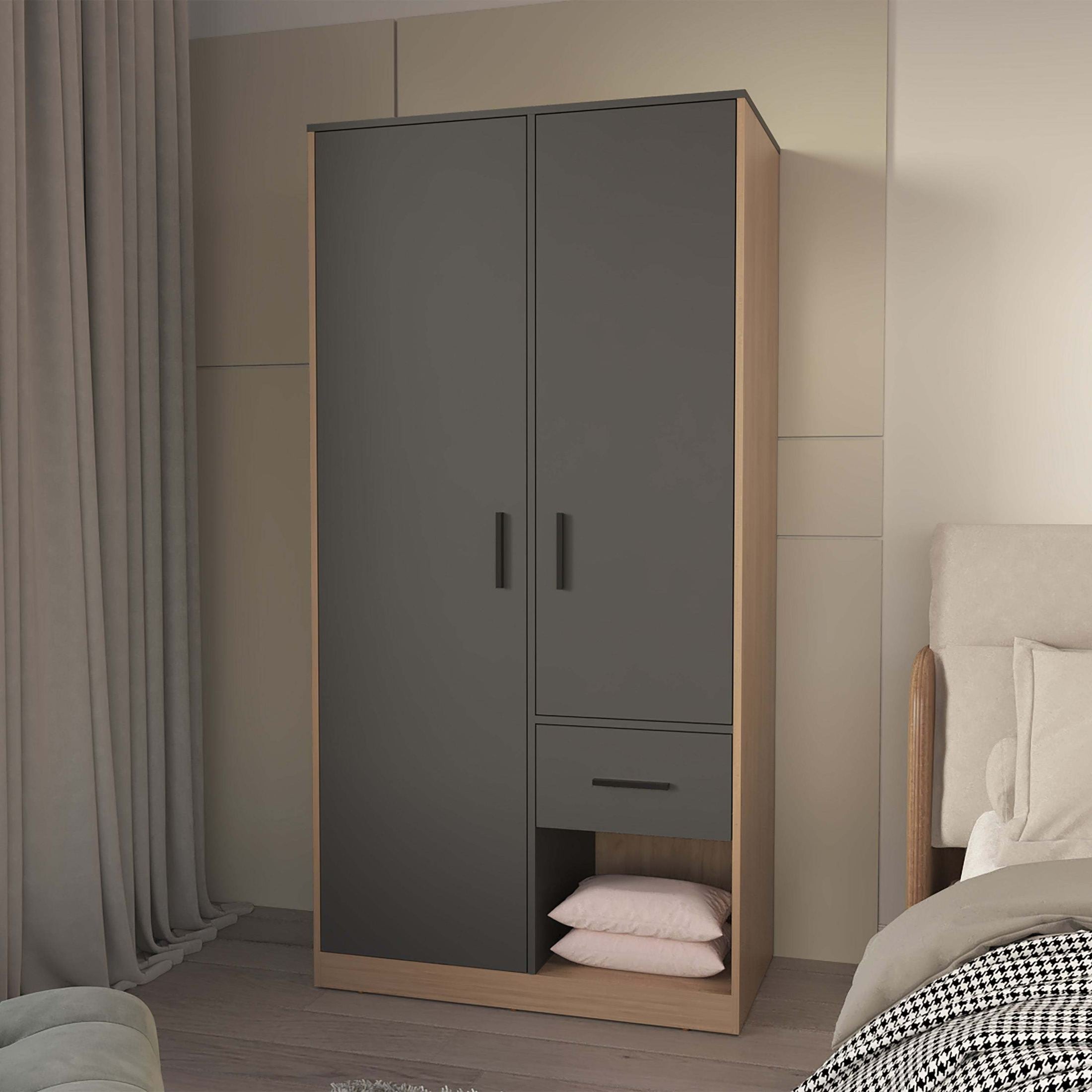 Matt Grey and Natural Oak  2-Door 1-Drawer Wardrobe