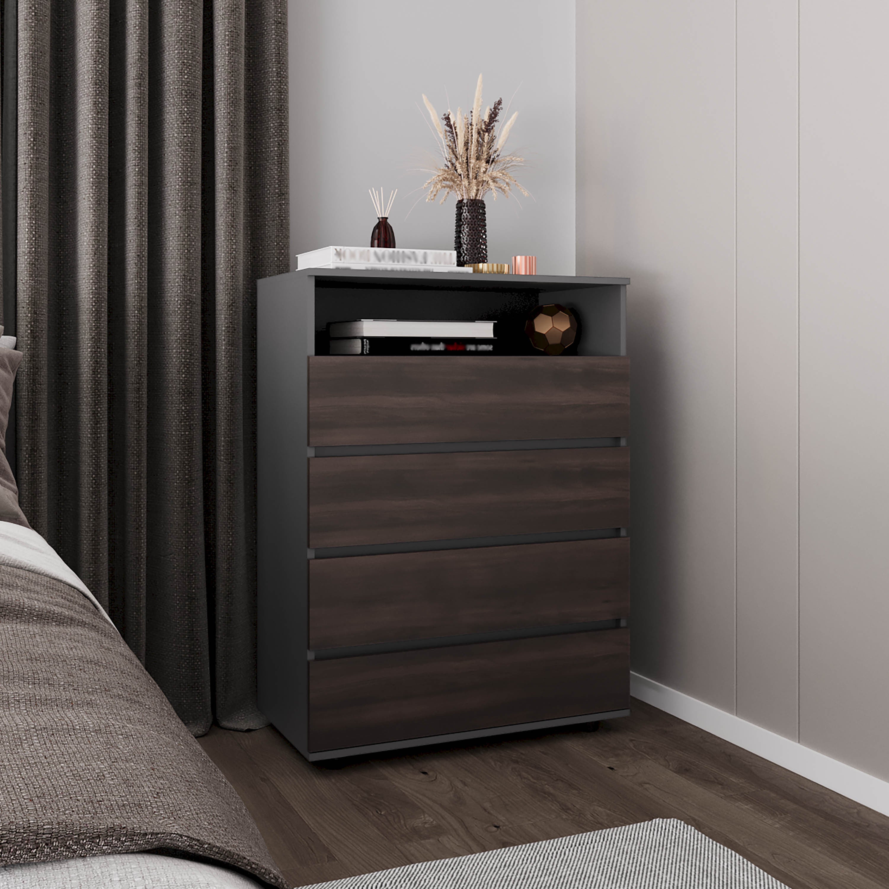 Dresser, 4 Drawers, 1 Shelf, Matt Gray / Dark Oak