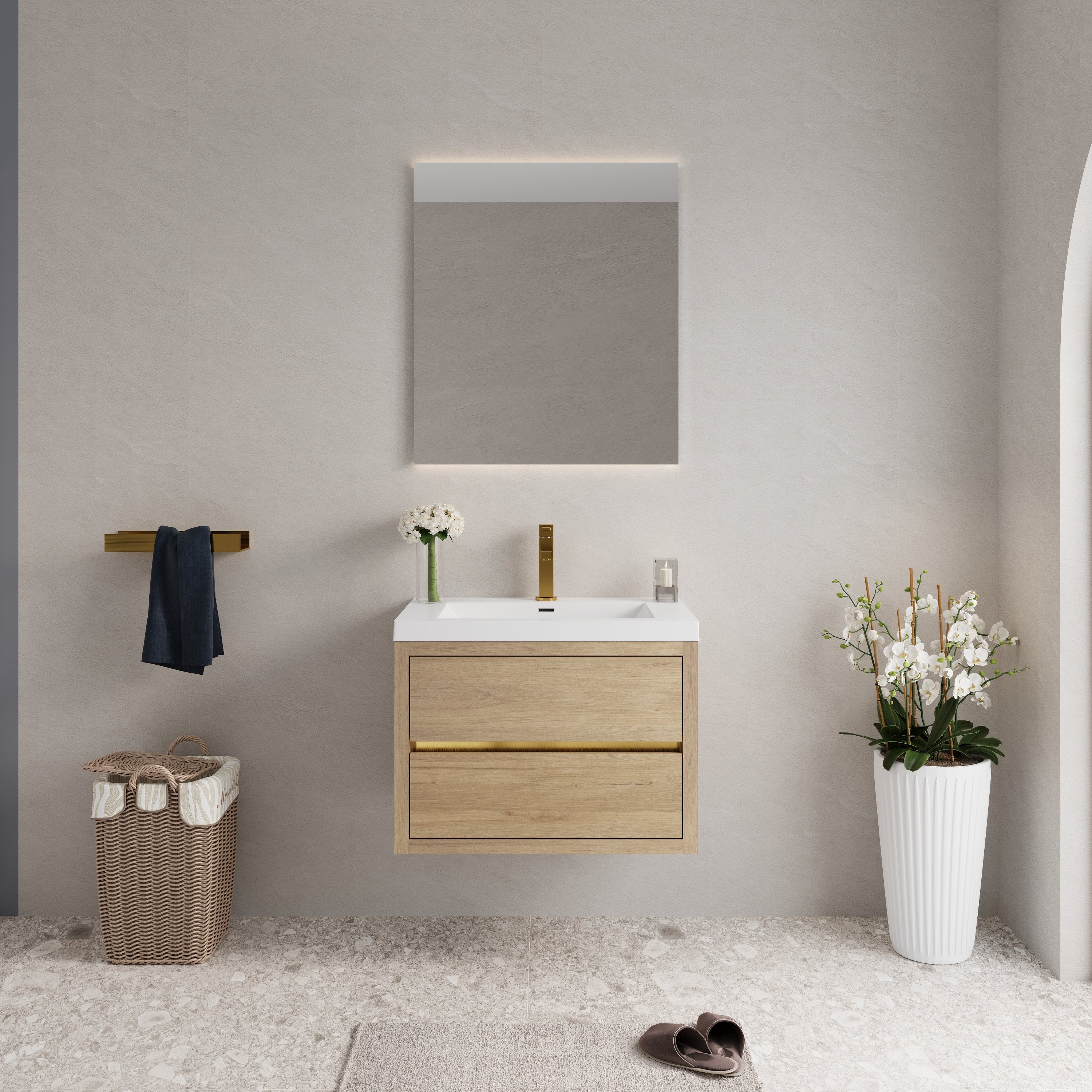 30' Wall-Mounted Bathroom Vanity with Sink, Floating Bathroom Storage Cabinet with Stone Resin Countertop and Soft Close Drawers, Natural Oak 24V15-30NO
