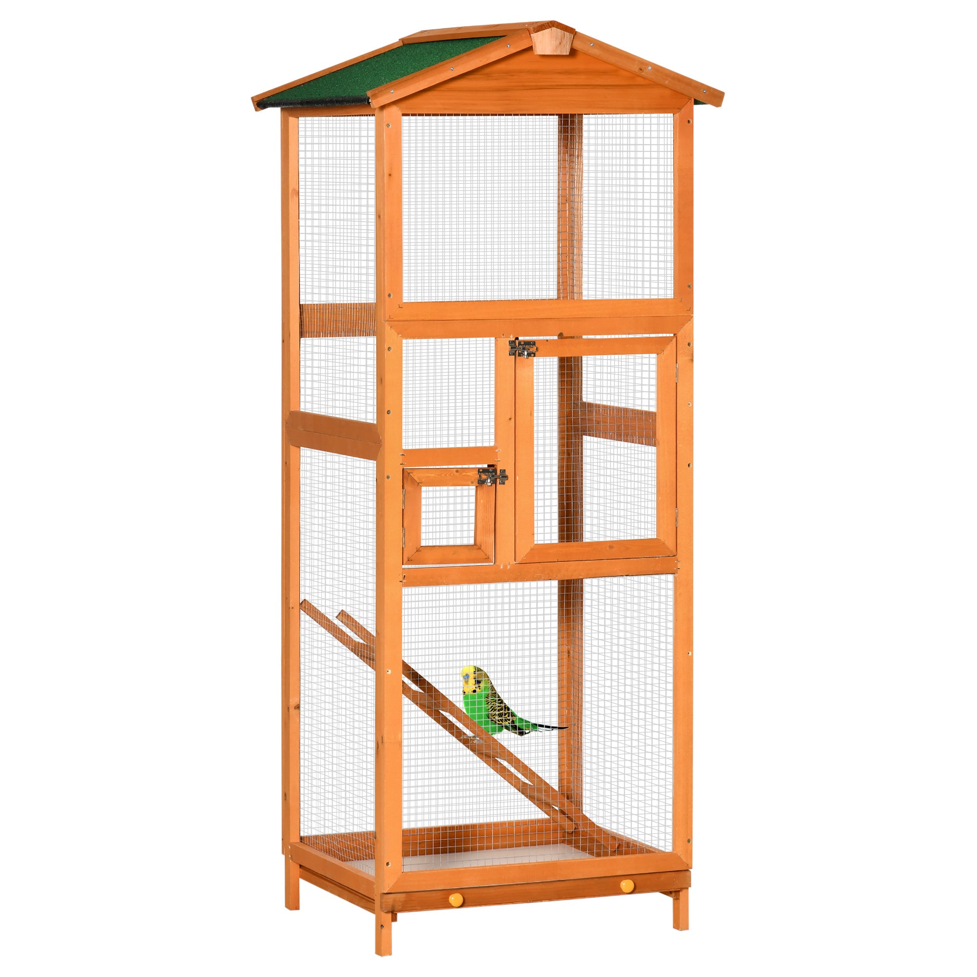 PawHut 65' Wooden Bird Cage Outdoor Aviary House for Parrot, Parakeet, with Pull Out Tray and 2 Doors, Orange