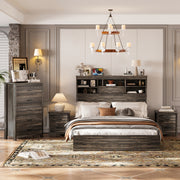 4PCS Bedroom Sets, Wooden Queen Size Bed Frame with Storage Headboard and Charging Station, 2 Nightstands with 2 Drawers, 1 Dresser with 5 Drawers, Antique Gray