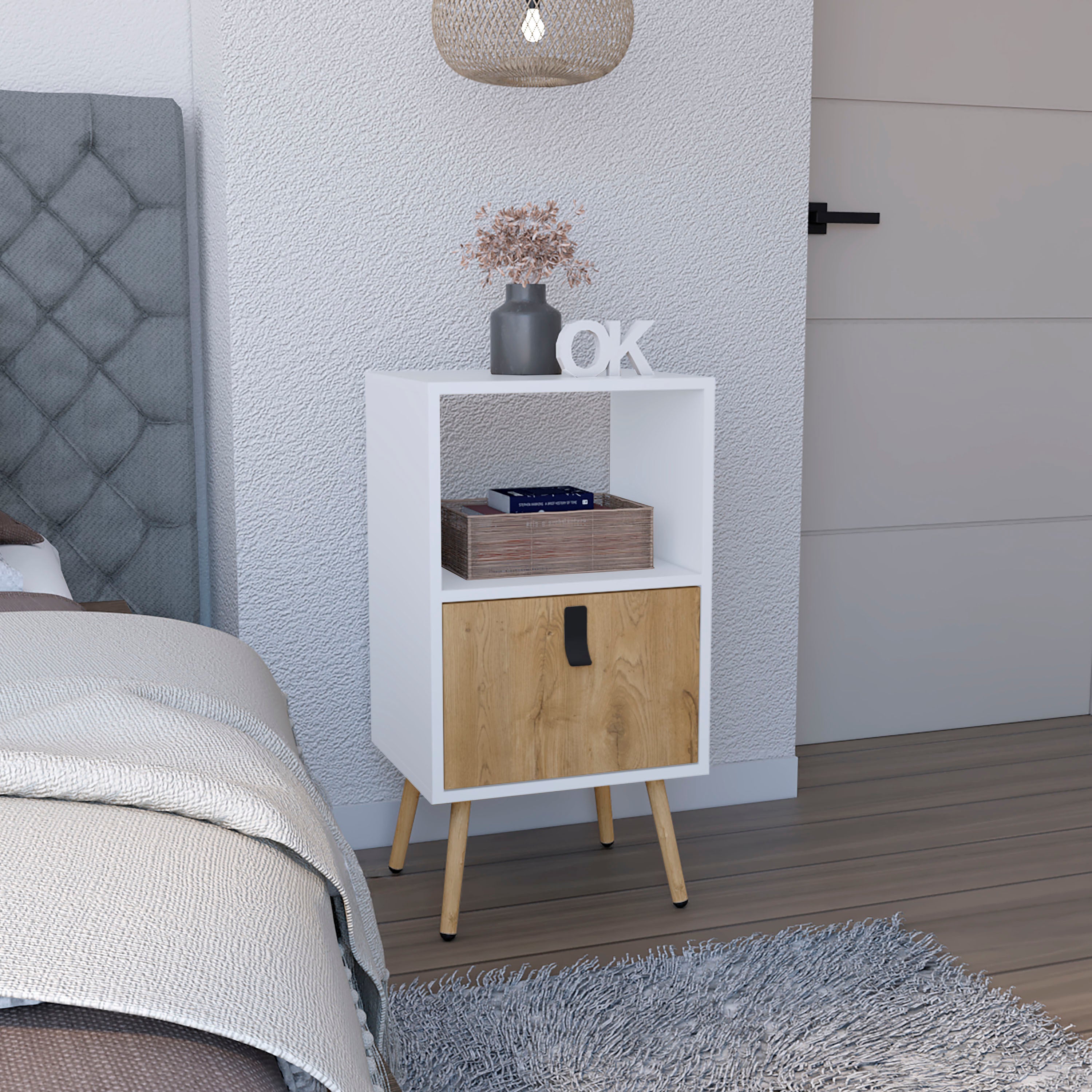 Tall Nightstand 29'H, with One Drawer and Functional Storage, White / Macadamia