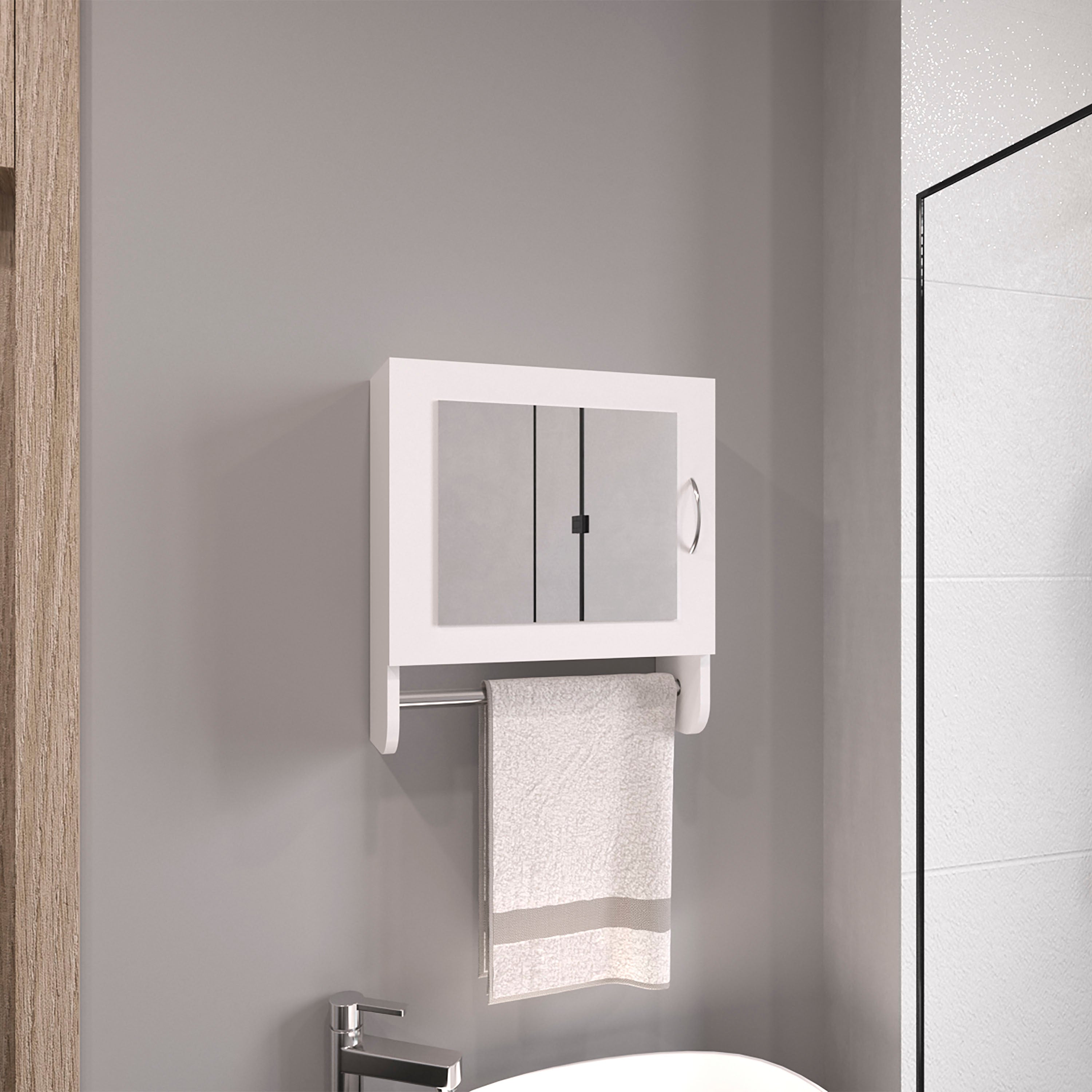 BOTIQ 19.7' H x 17.7' W Mirror Medicine Cabinet with Towel Rack White, One door with Two interior Shelves for Bathroom, Kitchen White