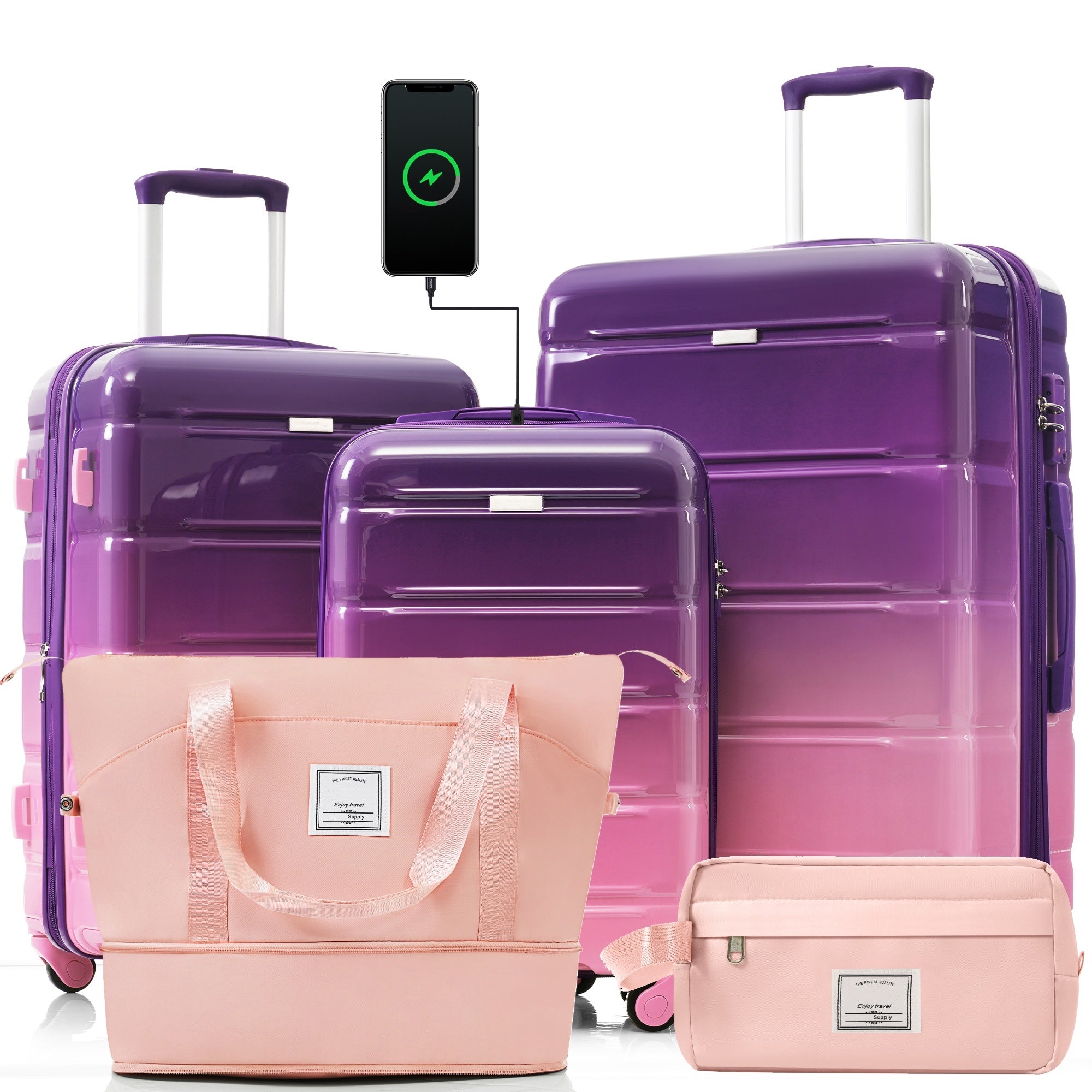 Luggage Sets 5 Piece, 20-inch with USB Port, ABS Durable Suitcase with Travel Bag, ABS+PC Hard Shell Luggage with Spinner Wheels, purple and pink