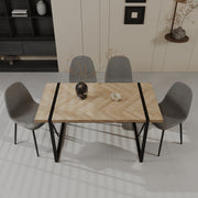 59' MDF light wood dining table and modern dining chair set of 4 pieces, medieval wooden kitchen dining table set, black rectangular metal base, dining table and suede chair set