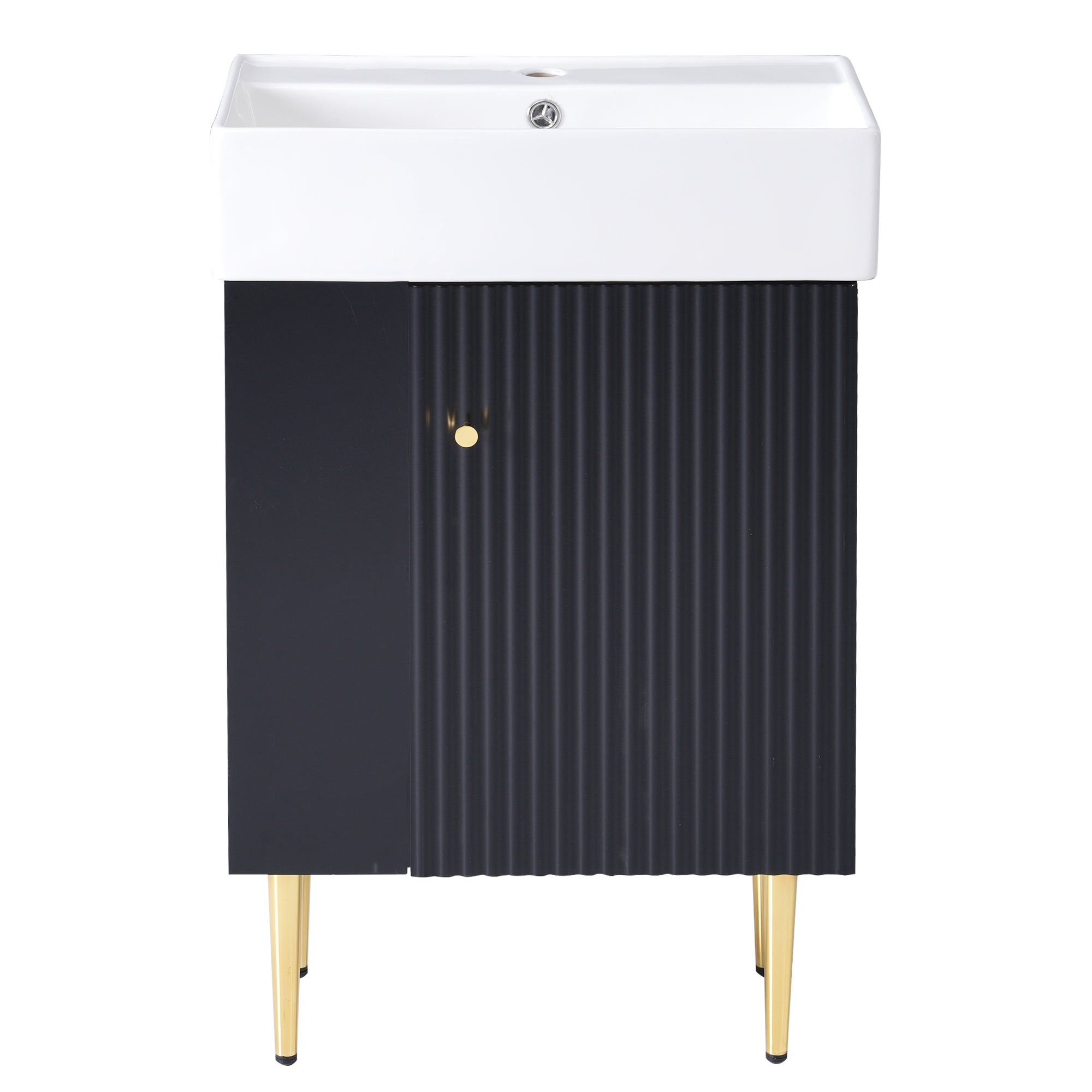 21.6' Black Modern Bathroom Vanity with Ceramic Sink, Left Side Storage, MDF Cabinet, Gold Metal Legs, Rectangular Design